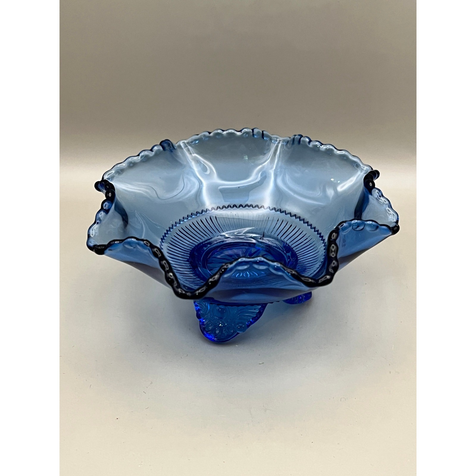 Vtg Cobalt Blue Glass Ruffled Footed Bowl Beaded Edge Candy Nut Dish 5.25&Prime; Decor