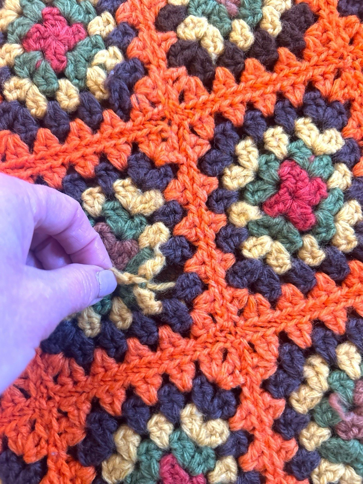 Vtg 70’s Granny Square Afghan Throw Blanket Roseanne Brown Orange Green