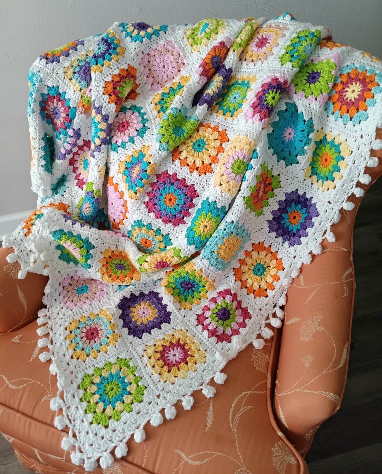 NEW Handmade Original COTTON Afghan ~ Granny Squares & Pom-pom Crochet 45×58&Prime;
