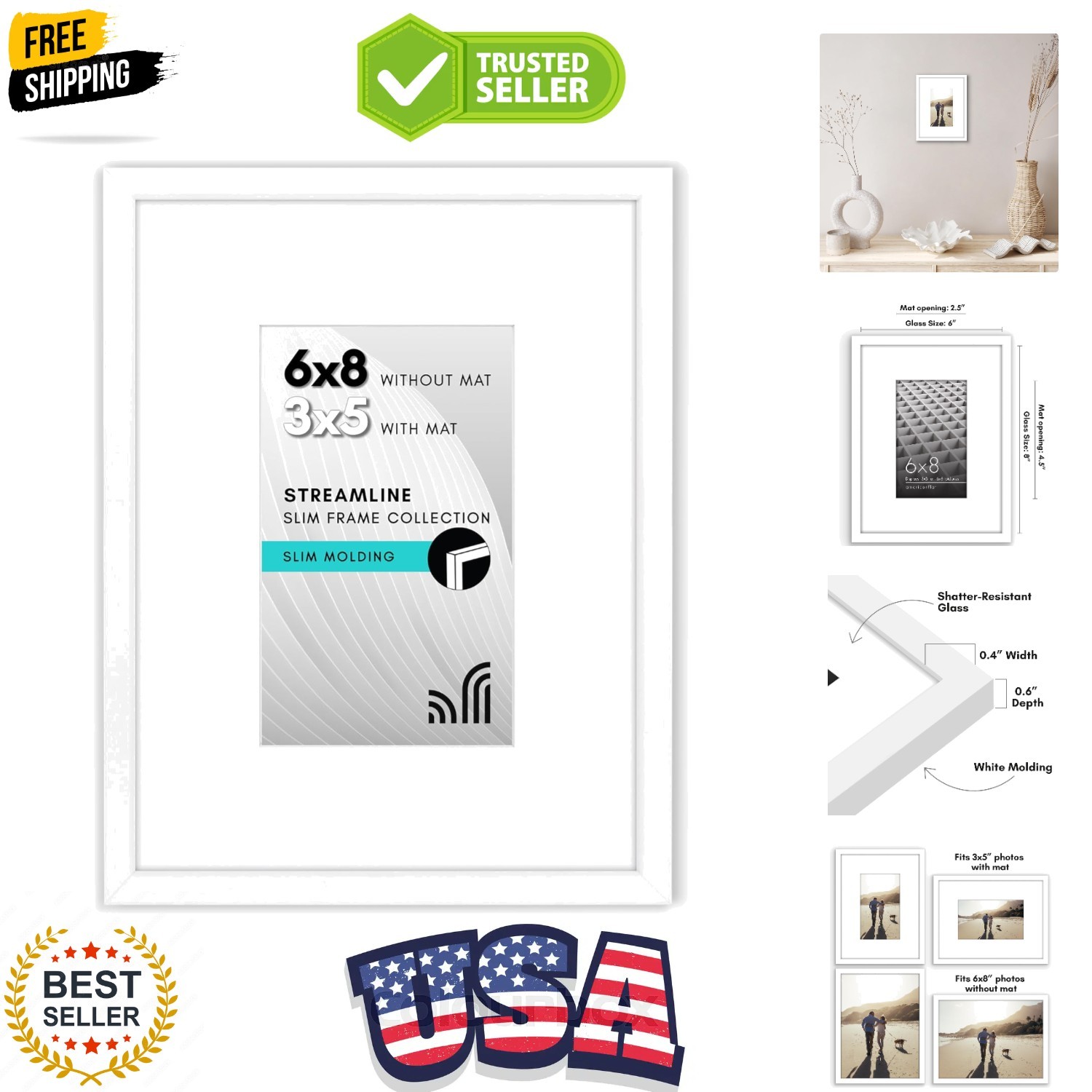 6×8 Picture Frame with Shatter-Resistant Glass – Use as 3×5 Frame with Mat or…