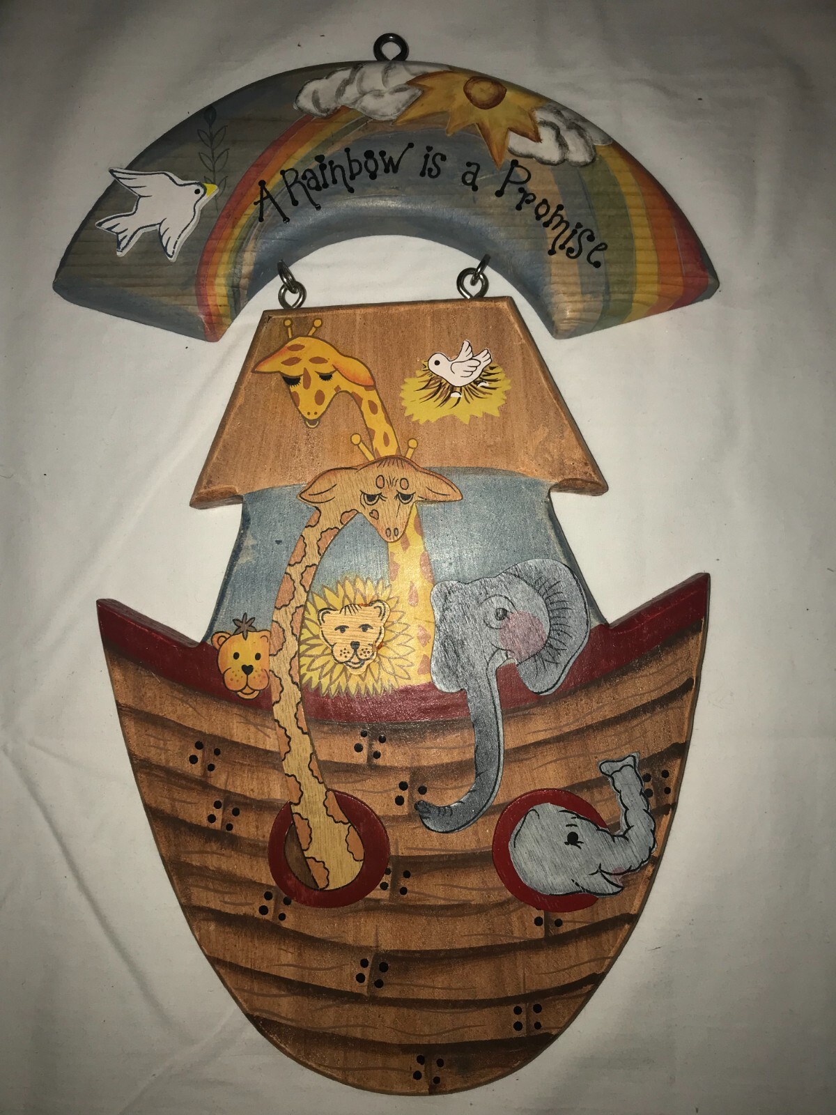Hand Painted NOAH&rsquo;S ARK 3D Animals A RAINBOW IS PROMISE Wall Hanger Plaque SIGN
