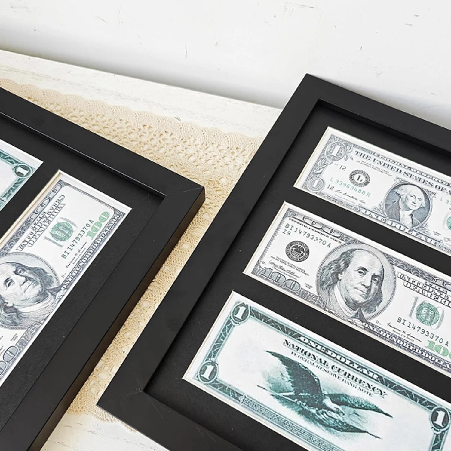 Dollar Bill Frame Display 8 Slots Wall Mount or Easel Stand Black Wood