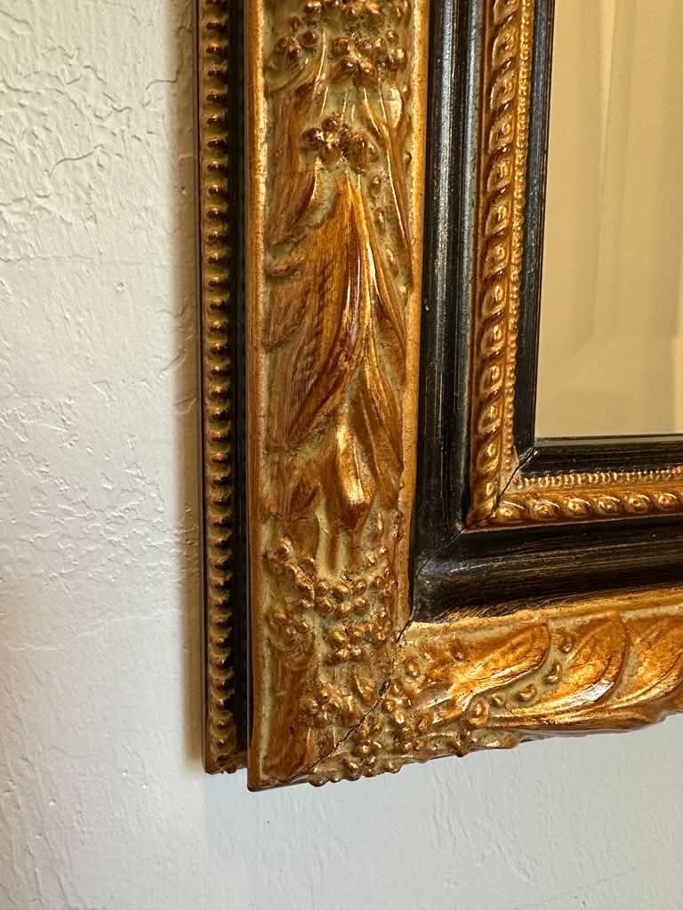 Vintage Gold Gilt Wall Mirror w/ Tapestry Insert 35×15 Ornate Hollywood Regency