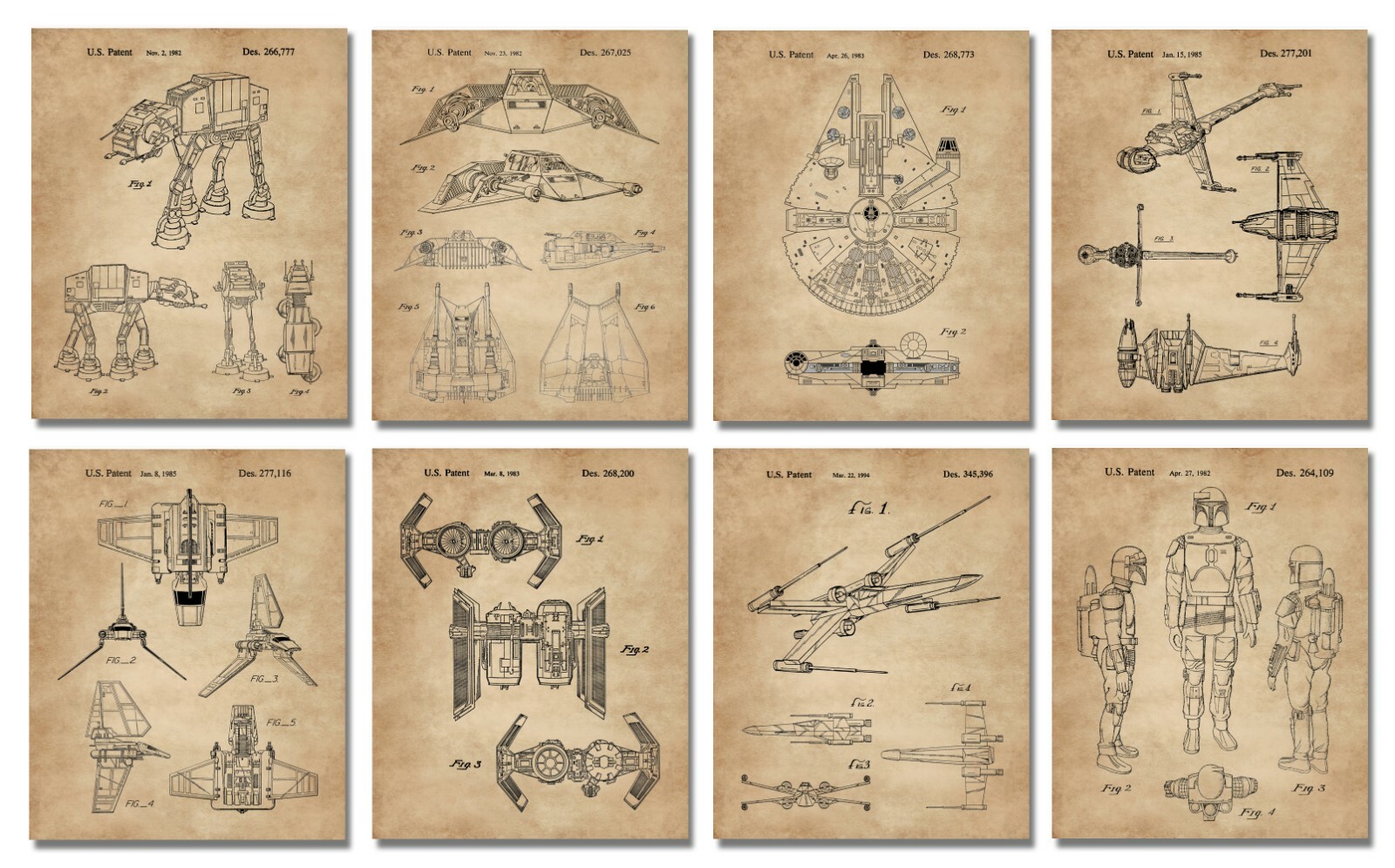 Set of 8 Vintage Star Wars Patent Gifts 8×10 Art Prints Mandalorian Mando Mania