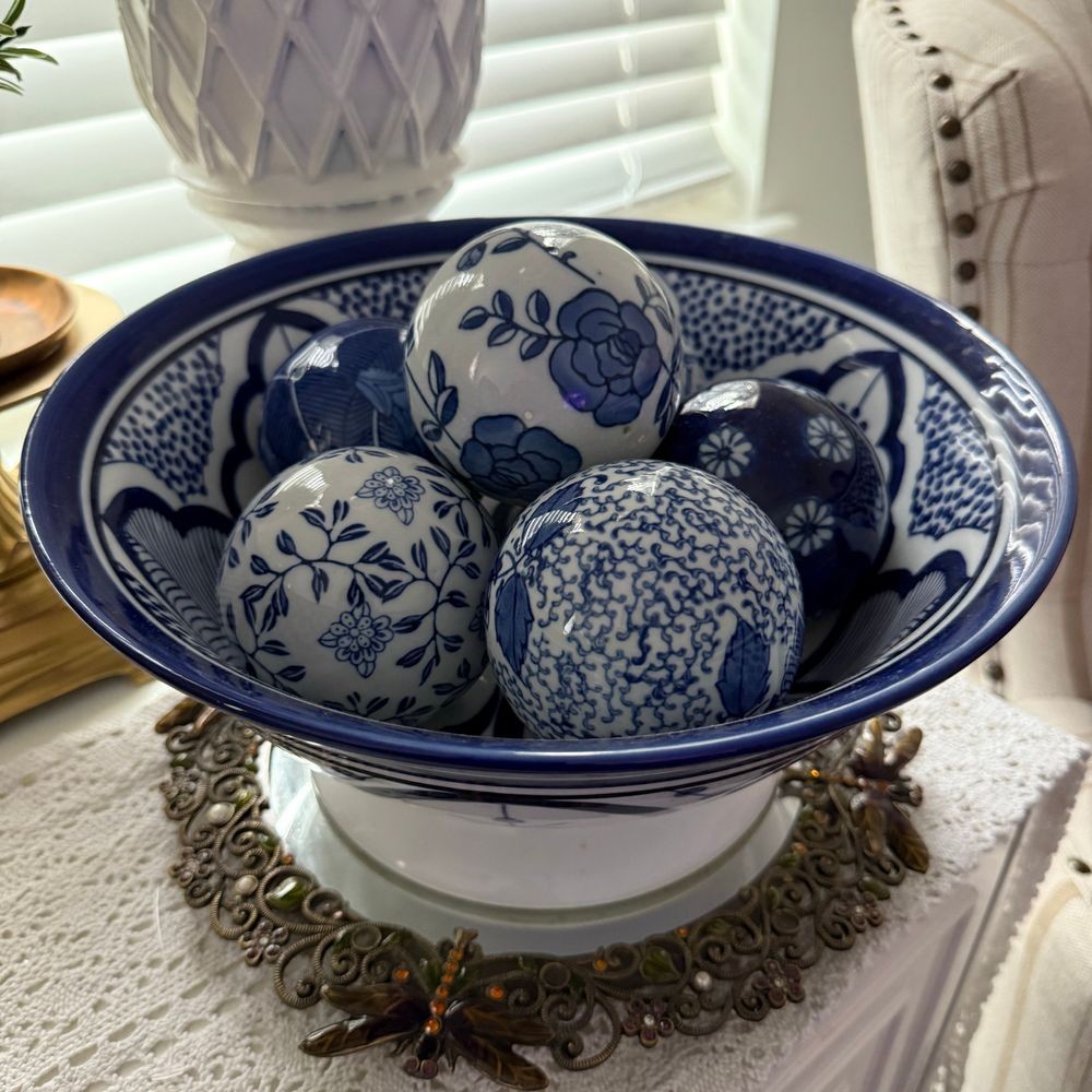 Decorative Balls And Bowl Set of 6 Blue and White Floral Print Home Decor