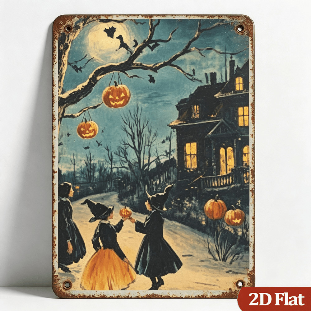 Halloween Children Witch Jack O Lantern Metal Sign Vintage Indoor Door Decor