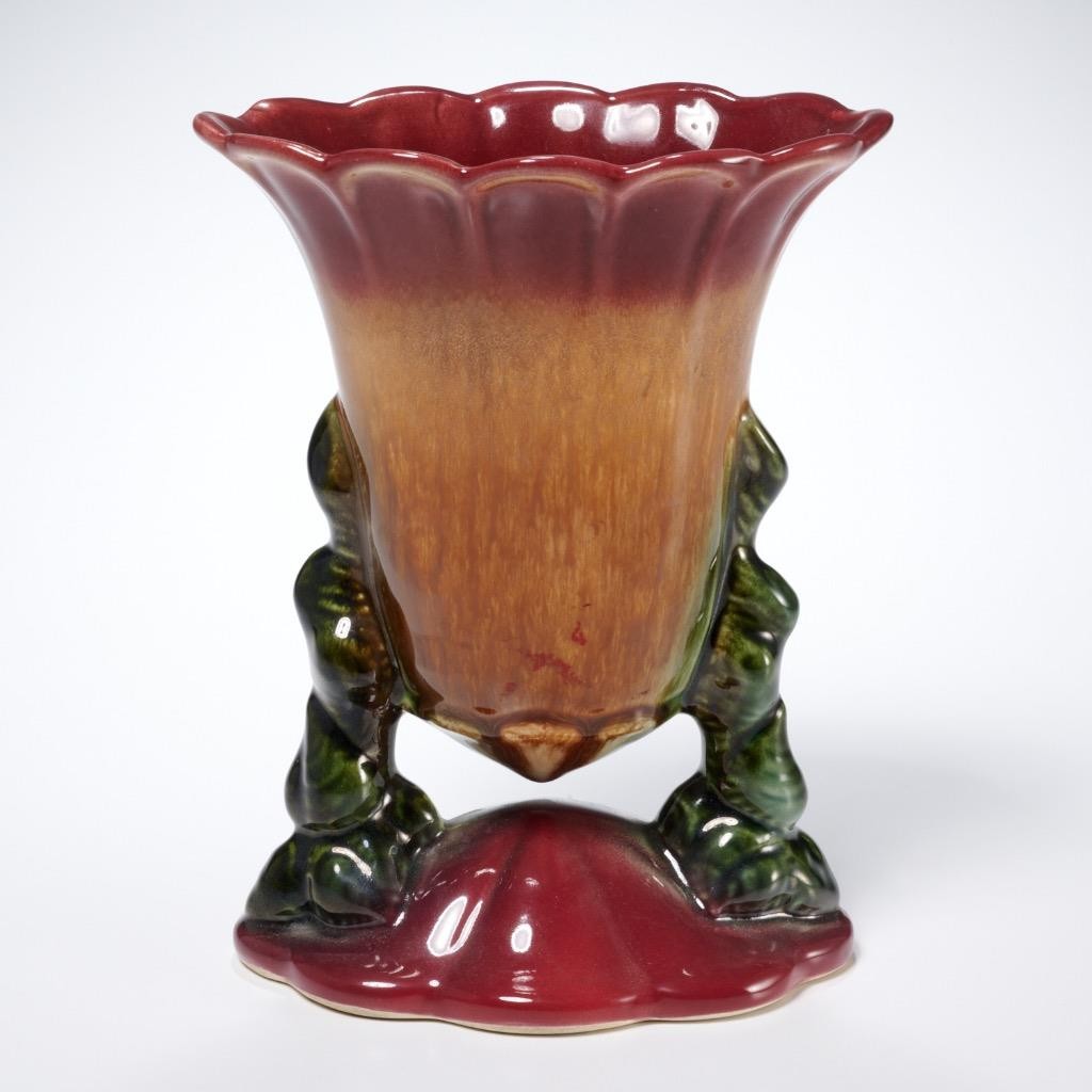 Hull Pottery Woodland Suspended Maroon Dark Green Trumpet Vase 108 7.75&Prime;h