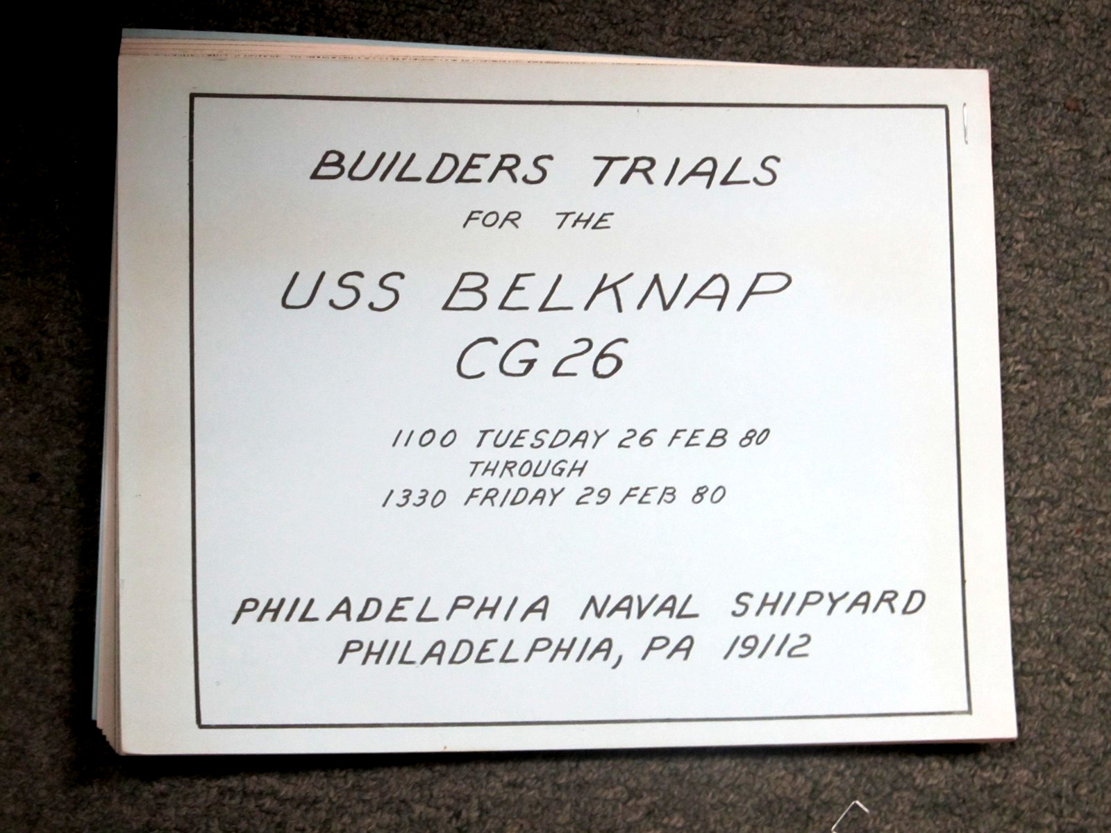 RARE USS BELKNAP DLG-CG26 BUILDERS TRAILS PHILADELPHIA NAVAL SHIPYARD 1980