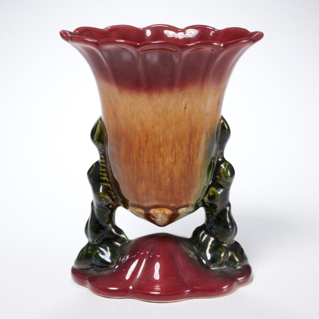 Hull Pottery Woodland Suspended Maroon Dark Green Trumpet Vase 108 7.75&Prime;h