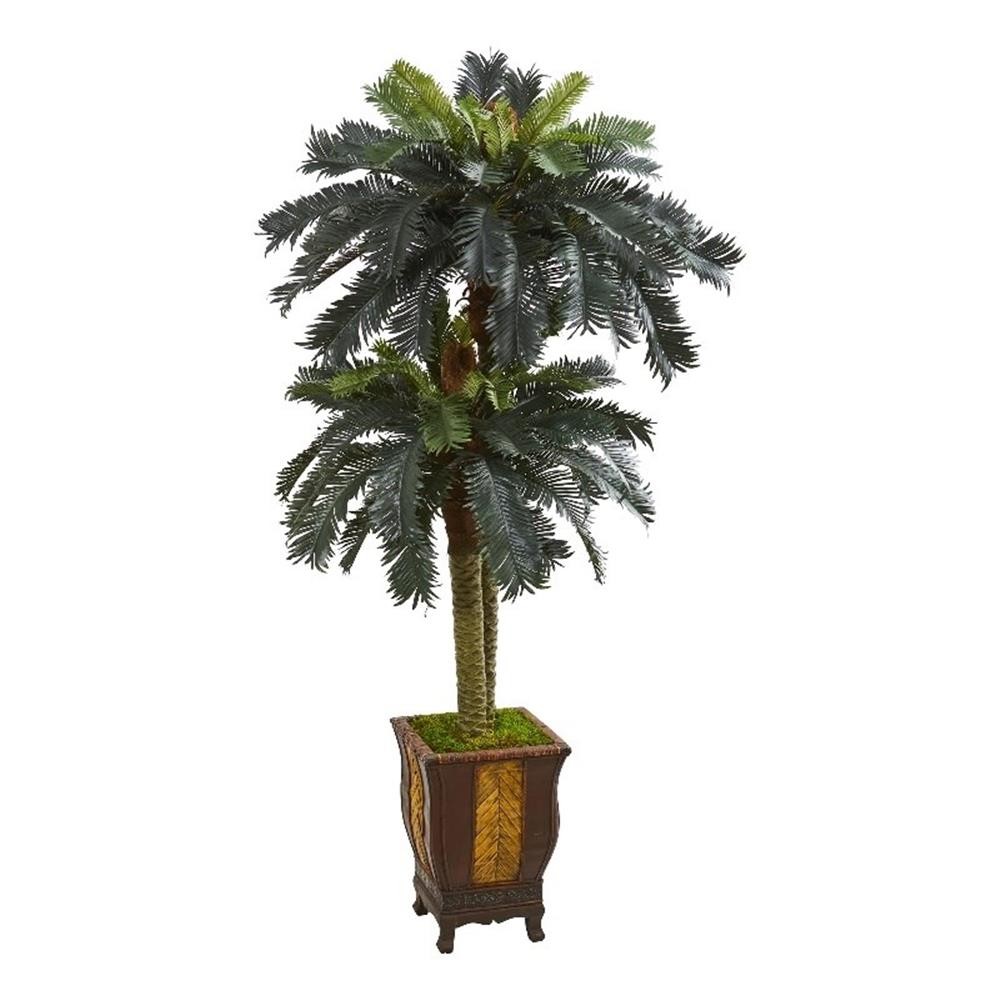 Nearly Natural 6ft Double Sago Palm Artificial Tree in Designer Planter