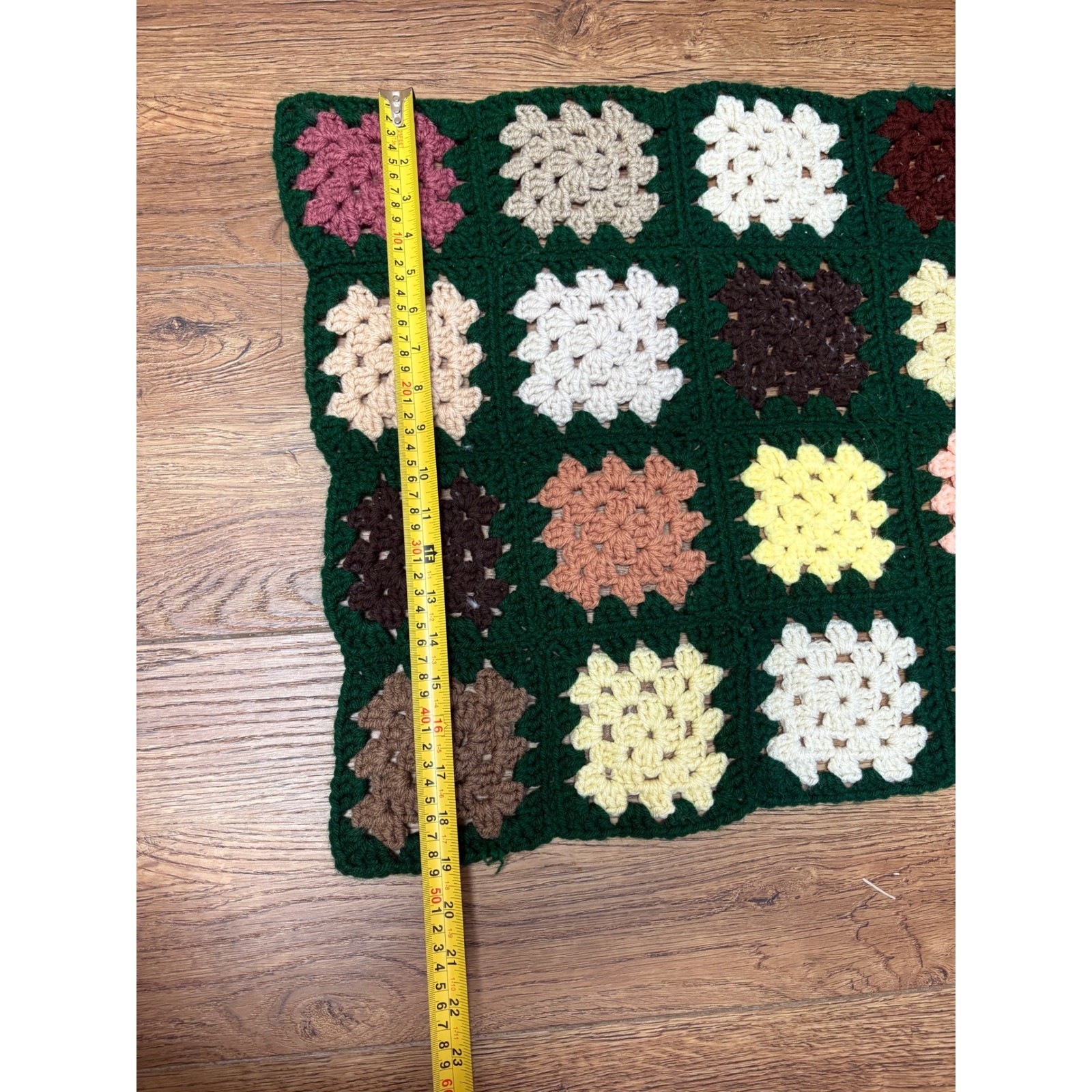 Handmade Crochet Granny Square Table Runner Green Multi Color Boho Vintage 70×19