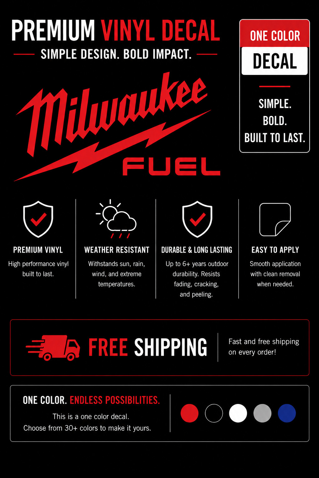 Milwaukee Fuel Tools Decal Large 4&Prime; – 12&Prime; 17&Prime; 22&Prime; – Sawzall Drill Impact M12 M18