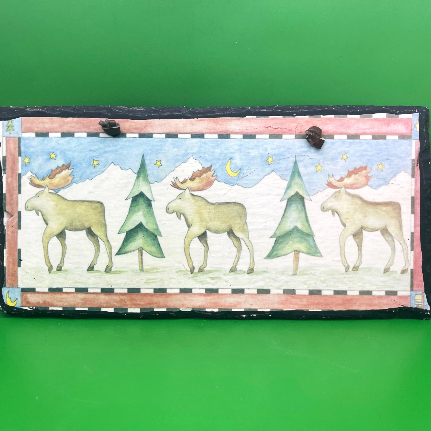 Rustic Moose Slate Wall Hanging Lodge Cabin Décor 12&Prime; Art Plaque Leather Strap