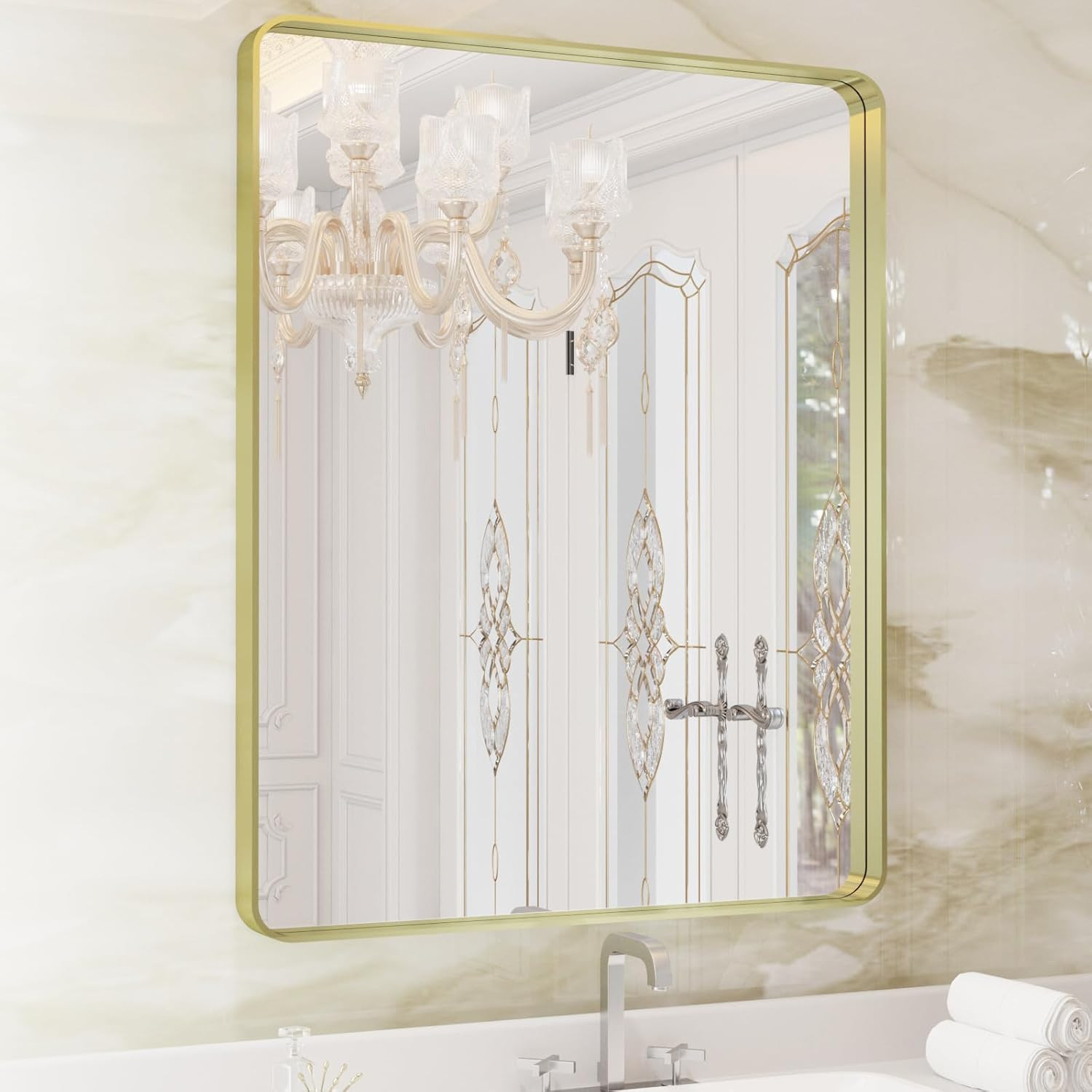 Brushed Gold Bathroom Mirror 28×36, Rounded Rectangle, Anti-Rust, Versatile Hang
