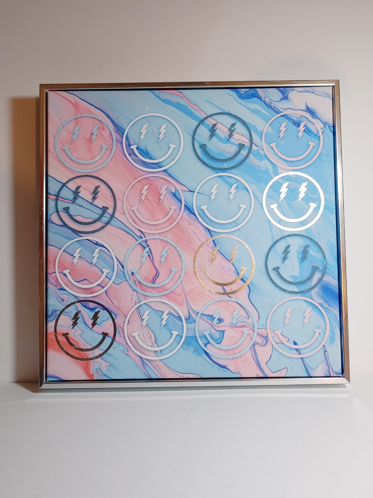 Pastels Tie Dye Smiley Face Wall Pop Art Silver Box Framed 2D Canvas 12” X 12”