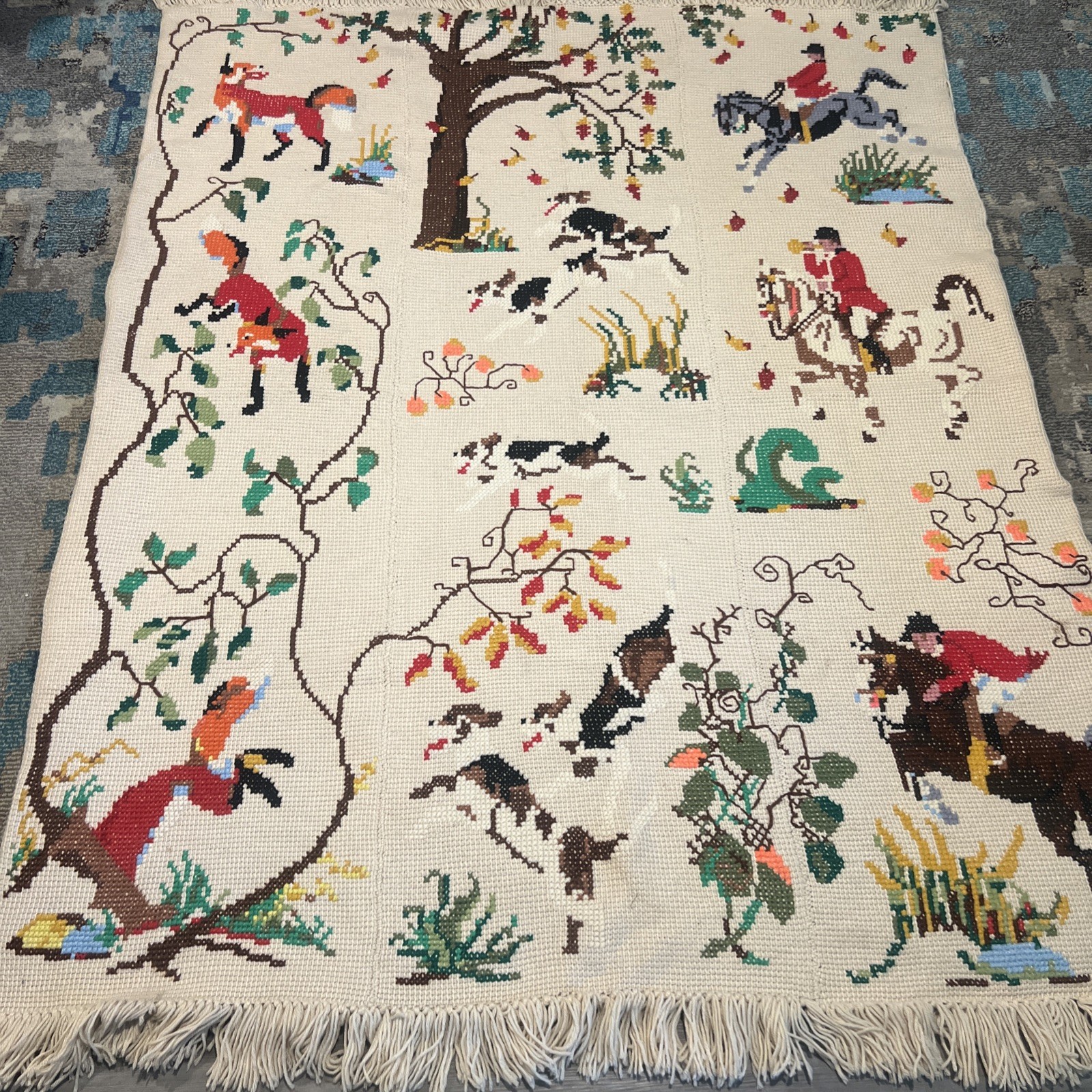 Mid 20th Century Vintage Hand Knitted Embroidered English Hunting Scene Blanket