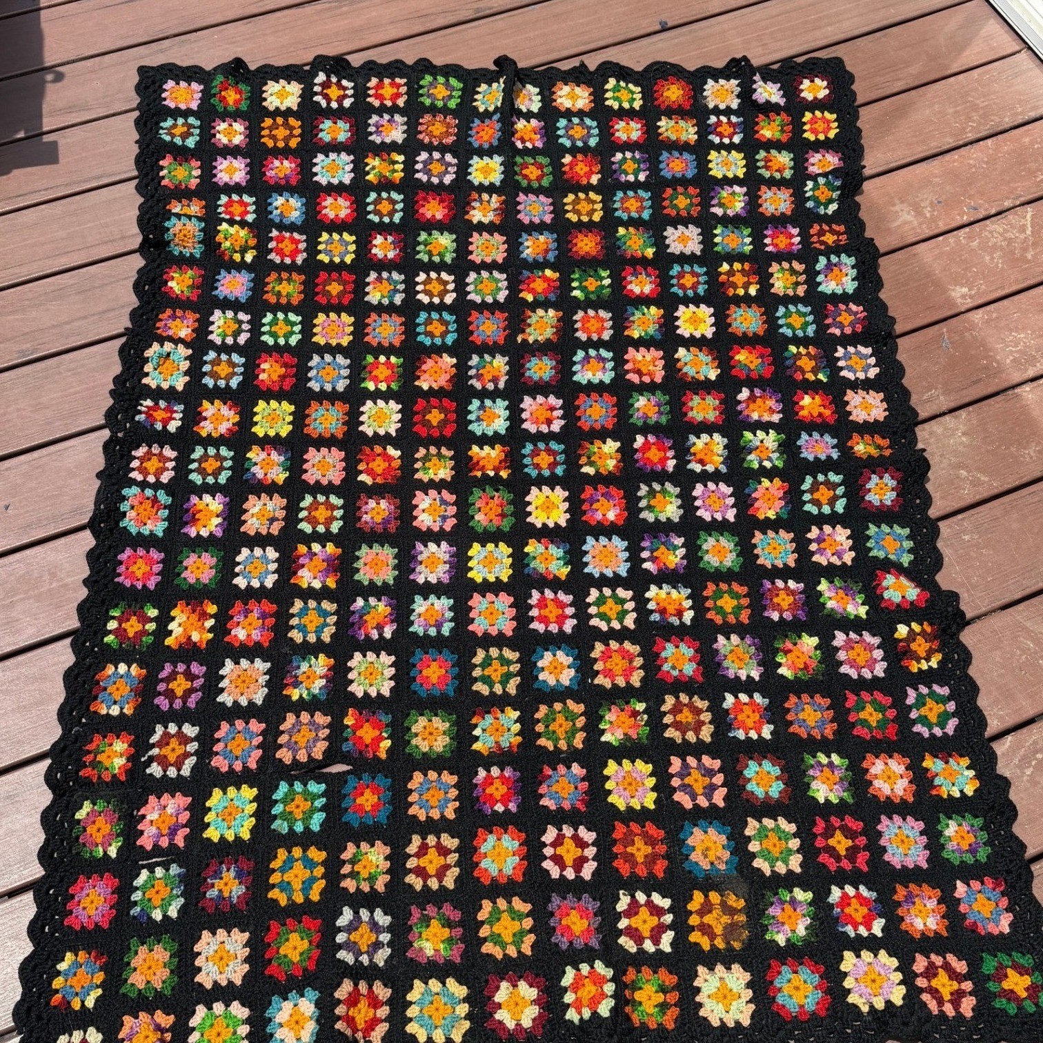 Vintage Handmade Crochet Granny Square Blanket Multi-Color Black Boho Throw