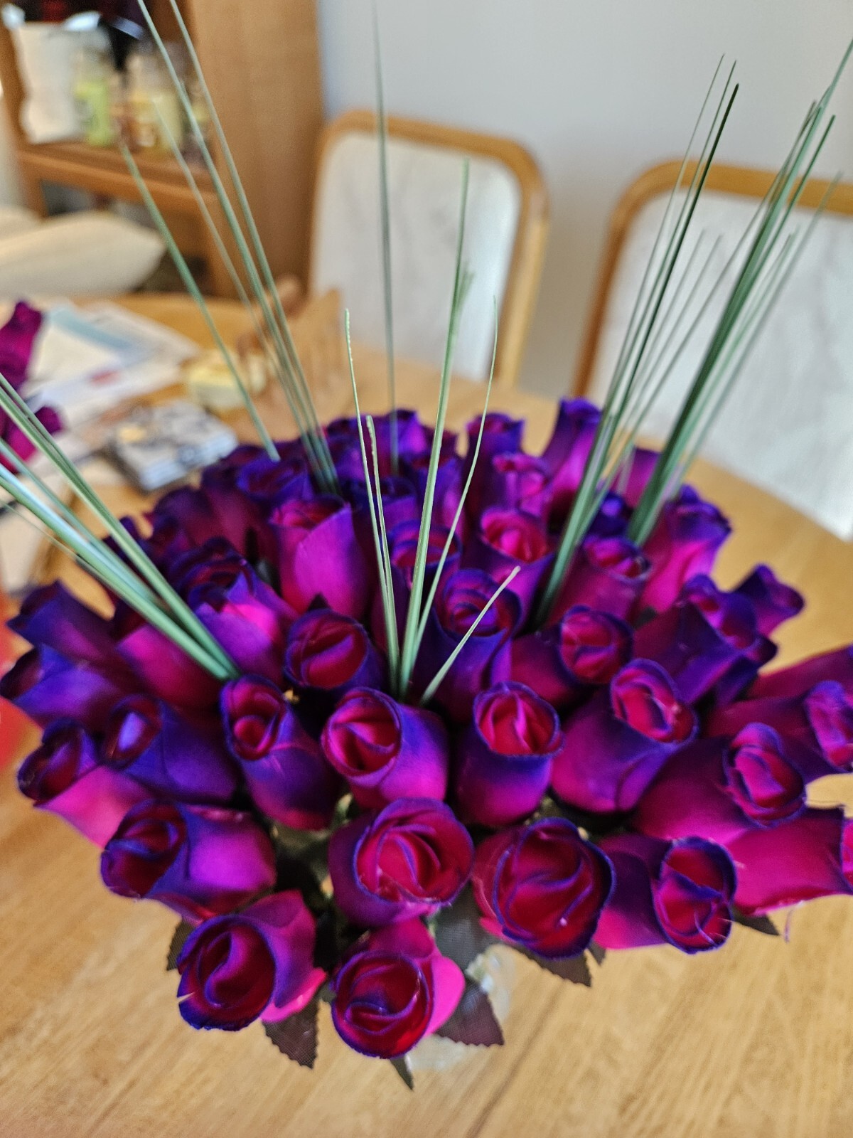 3 DOZEN – HOT PINK- PURPLE WOODEN ROSE BUDS 5 X 8 ARTIFICIAL FLOWERS
