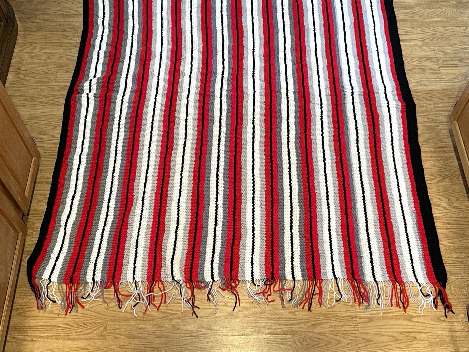 Handmade Crocheted Afghan Throw Blanket 57×74” Red White Black Gray – Perfect!