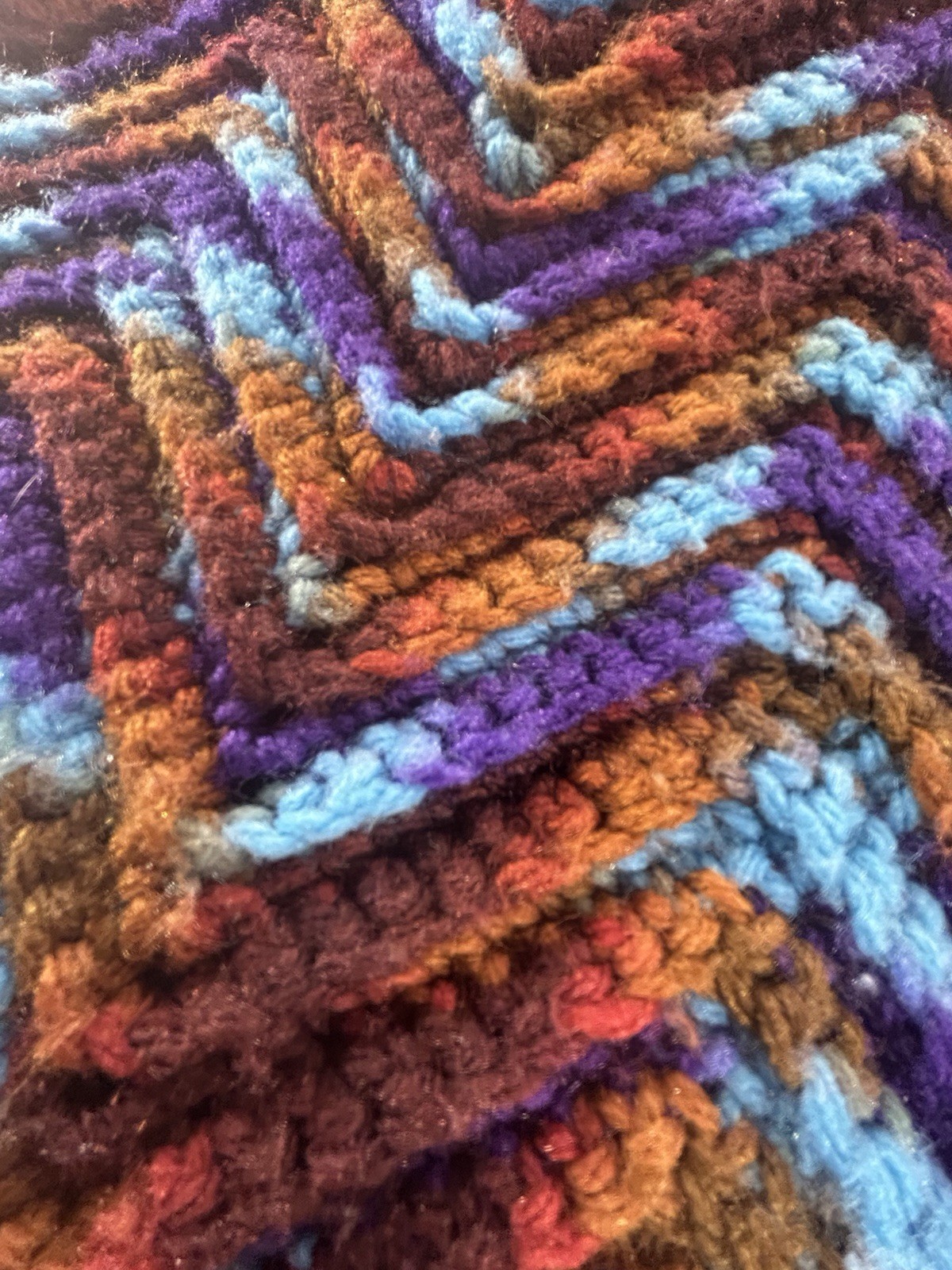 Hand Crocheted Chevron Afghan Purple Teal Orange Brown 30.5×72 Grannycore