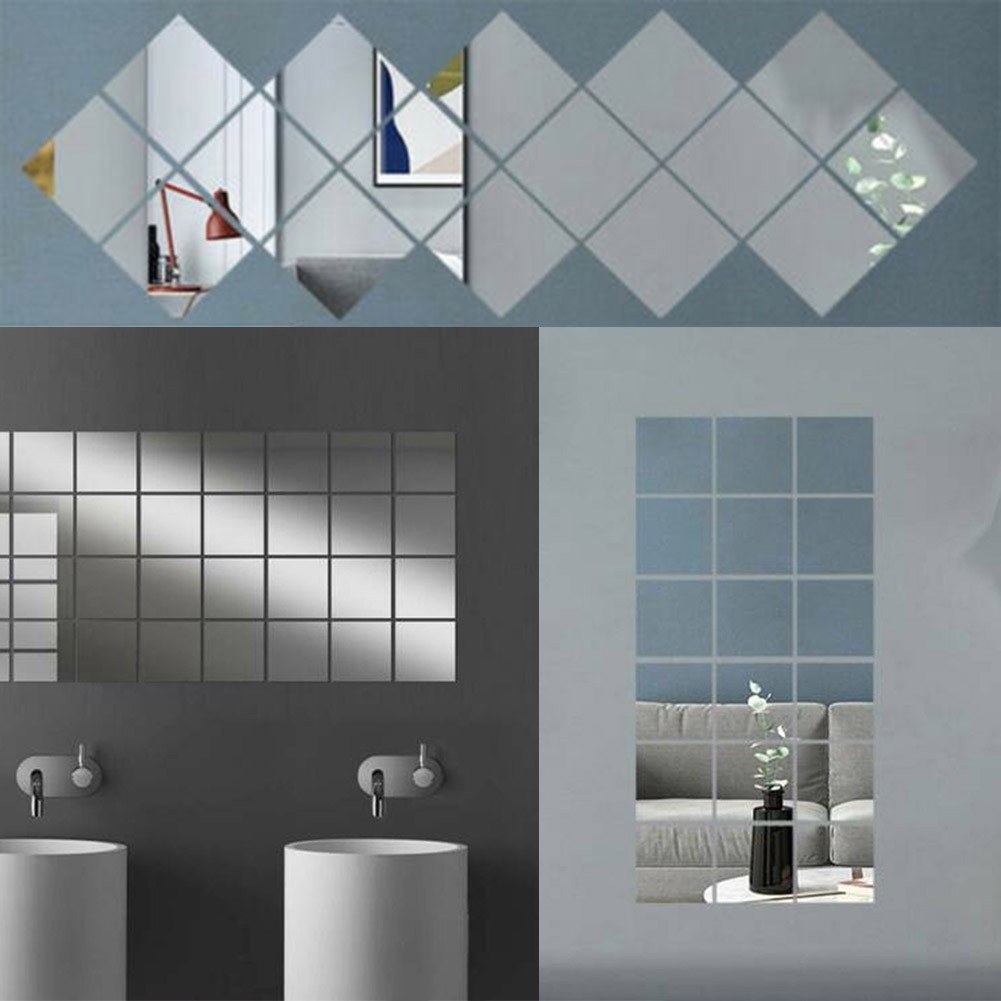 Mirror Stickers Decals Decor Decoration Home Mosaic Set Silver 15*15cm