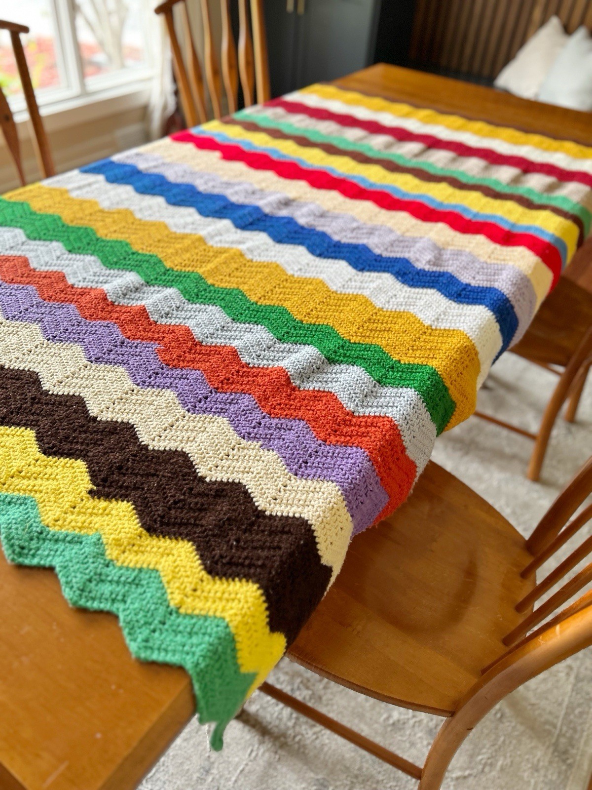 Vintage Rainbow Knit Afghan 70s/80s Granny Chevron 72” X 52”
