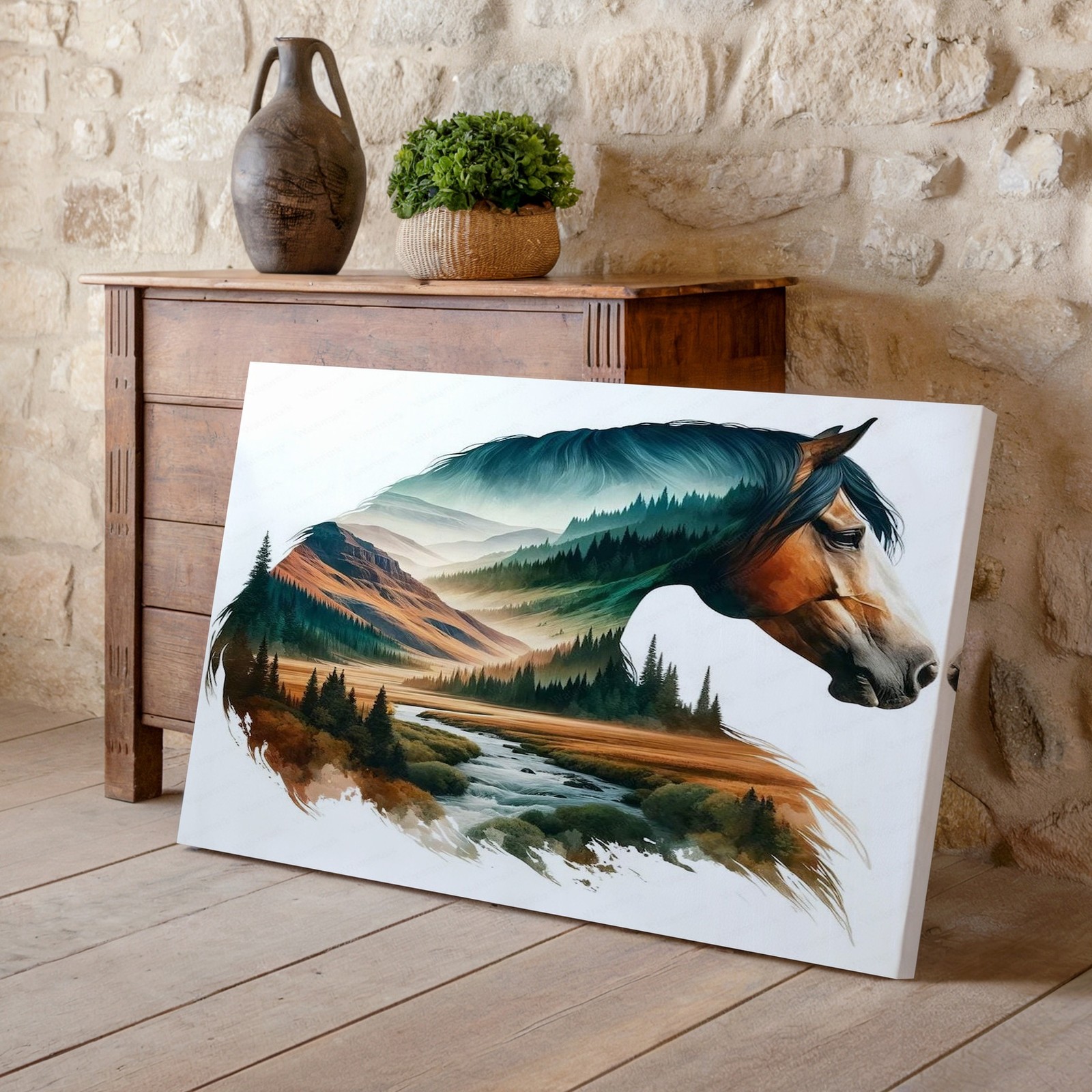 Horse and Mountain Landscape Canvas Wall Art Nature Scene River Forest Print