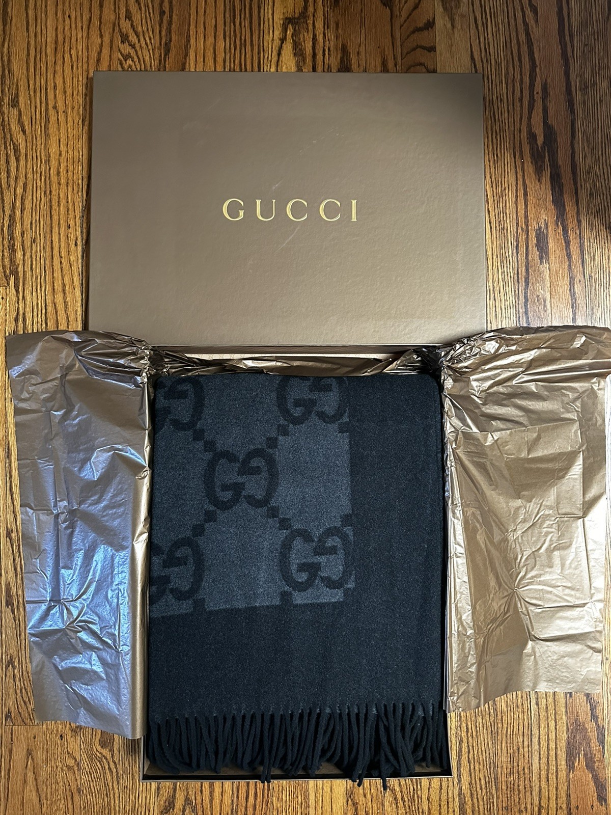 Gucci GG Wool Cashmere Throw Blanket Dark Gray Original Box