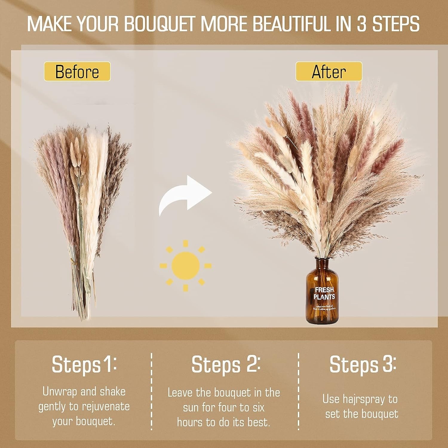 75pc Dried Pampas Grass Decor White Brown Fluffy Bouquet Boho Wedding Table Vase
