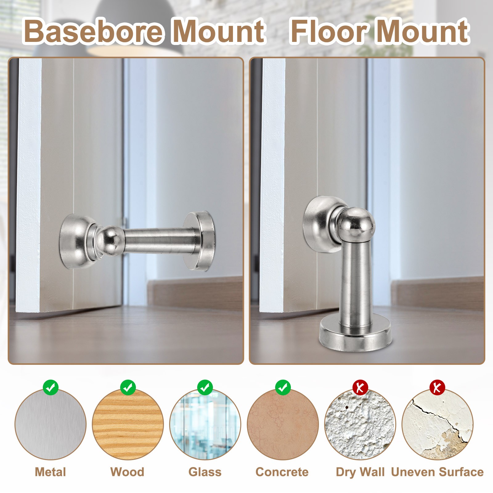 9.4&Prime; Magnetic Door Stoppers, Wall Floor Mounted Door Catch Holder, Silver