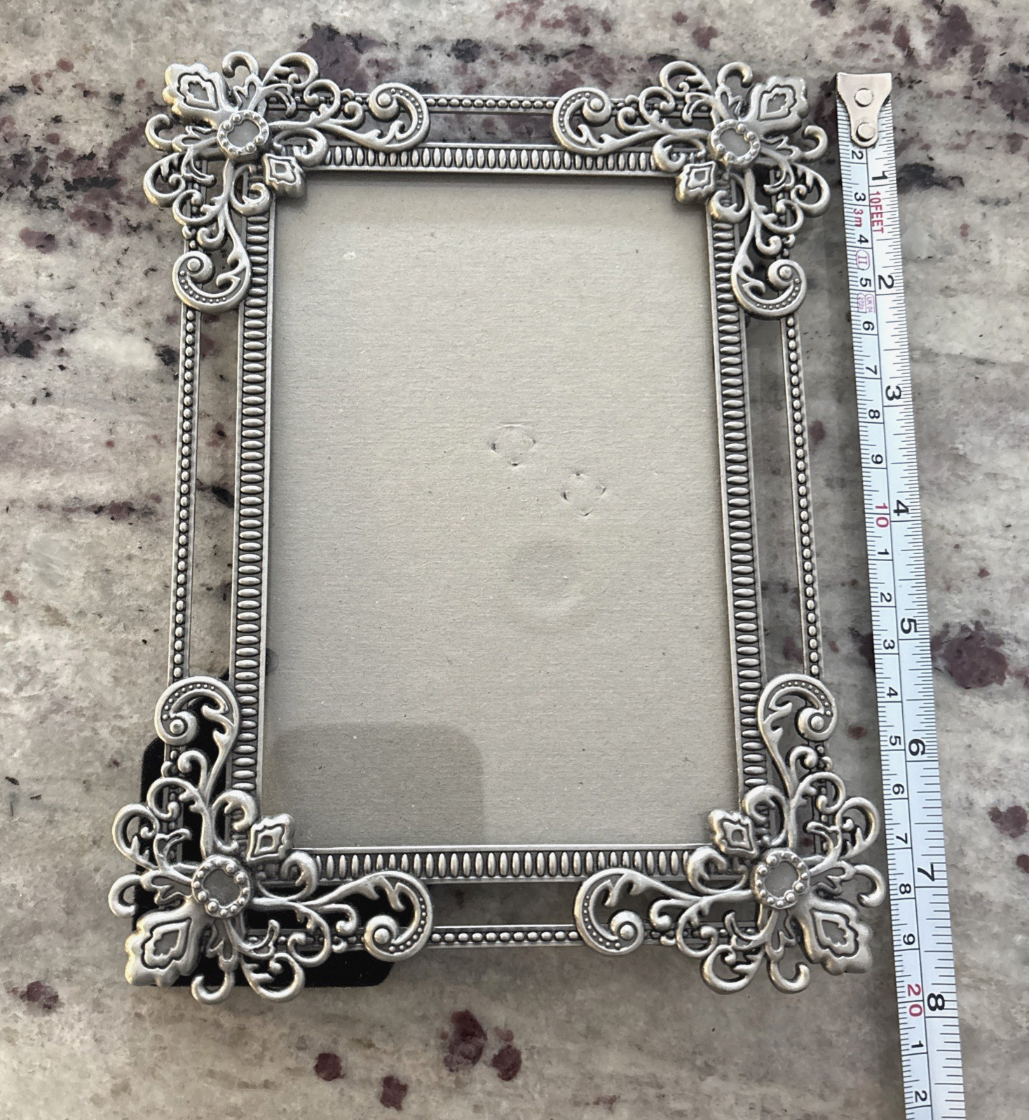 Ornate Silver Pewter Metal Filligree Scroll Photo 6 x 8 Frame Vtg 4 x 6 Print
