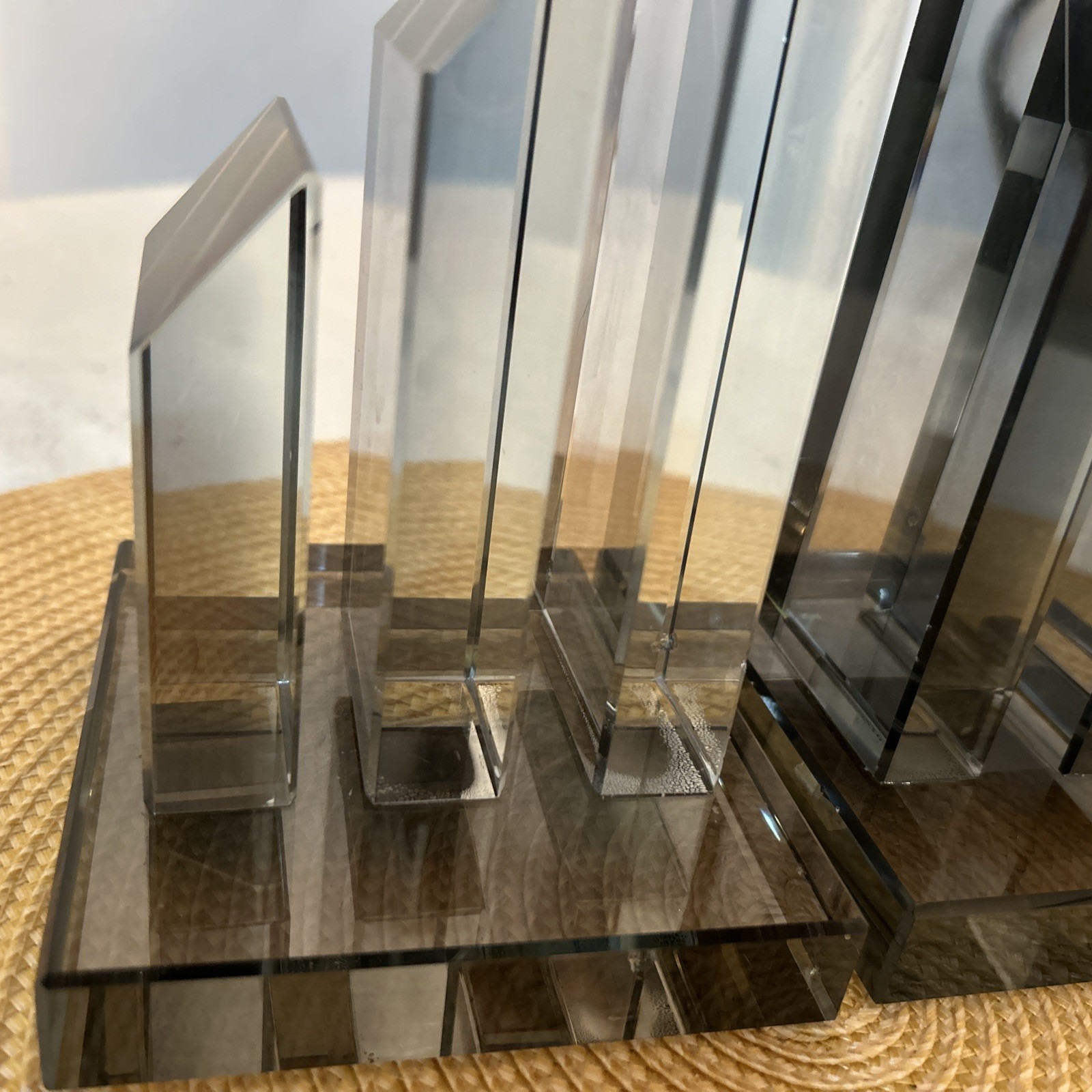 Geometric Smokey Clear Crystal Bookends (2) Pillars 6”Hx4”Lx4”W