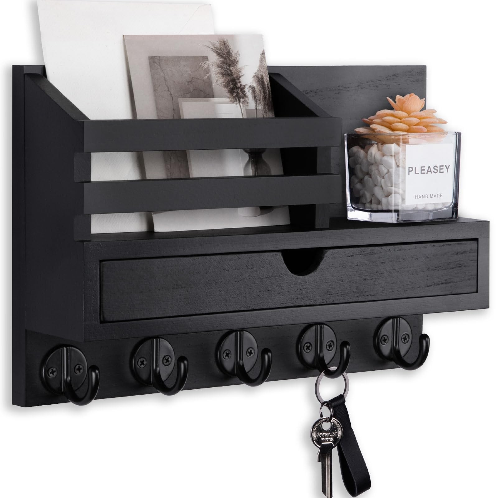 Key Holder Wall Mount, Holder with Storage Drawer and 5 Key Hooks for Coat, D…