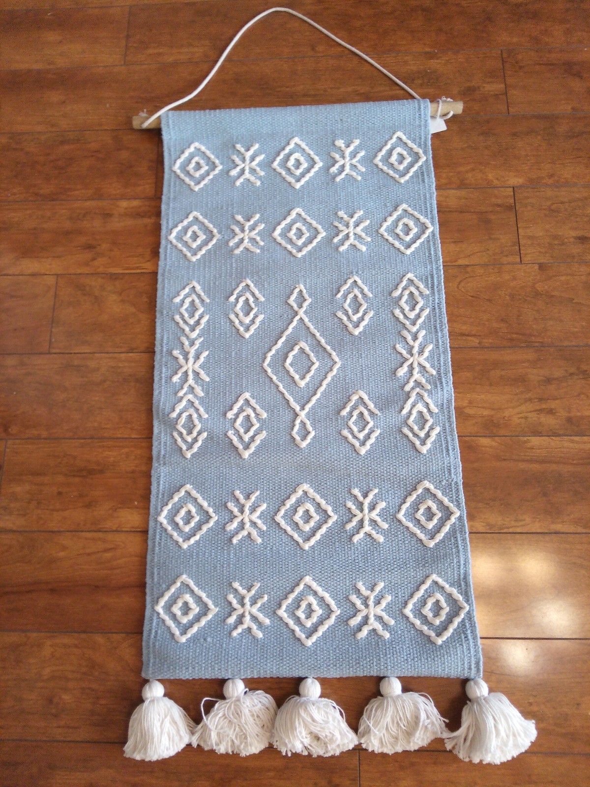 Vintage Blue Tribal Moroccan Geometric Tassel Handwoven Wall Hanging 35 x 15.5