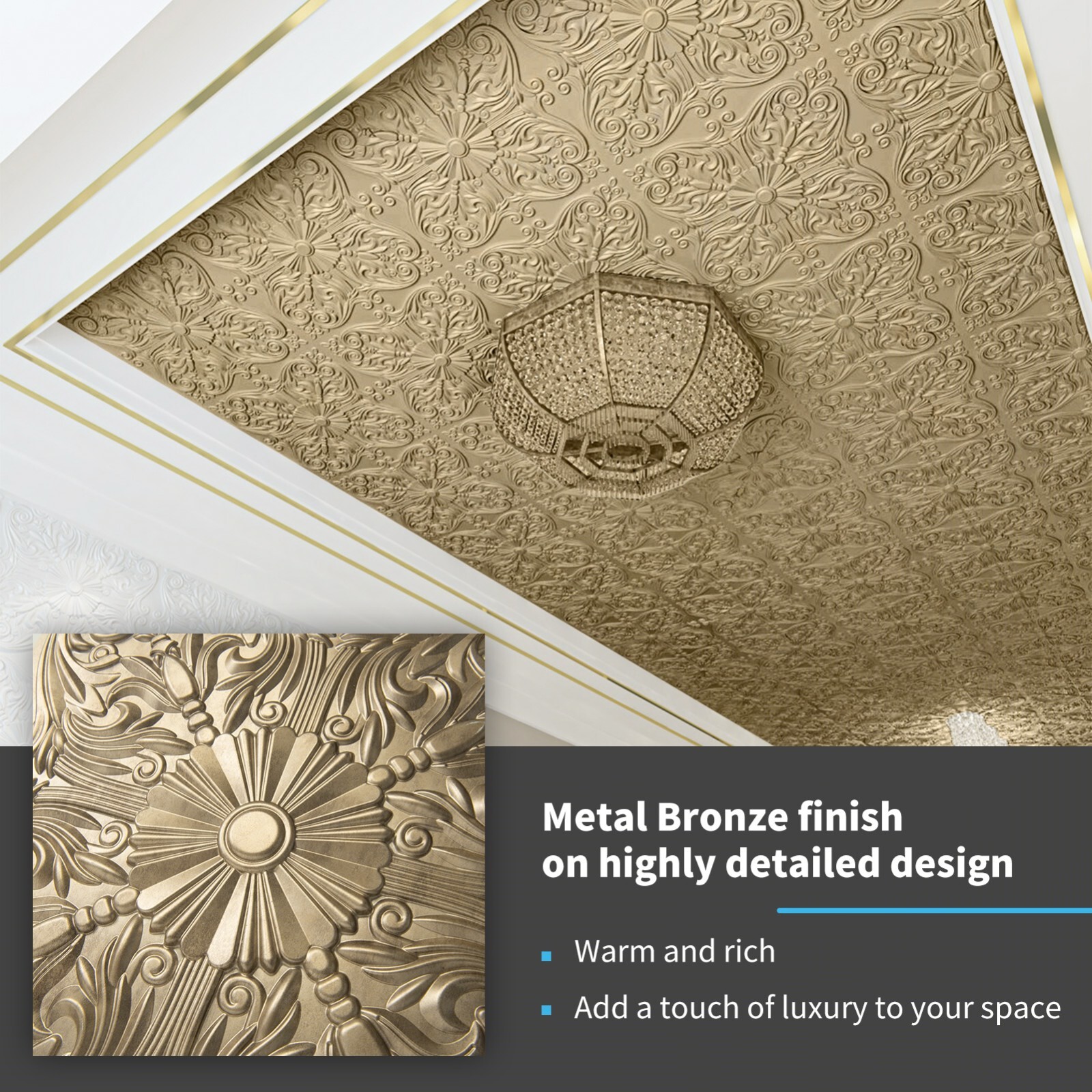Art3d 2×2 ft. PVC Decorative Ceiling Tile in Antique Gold,Glue Up/Grid,12 pack