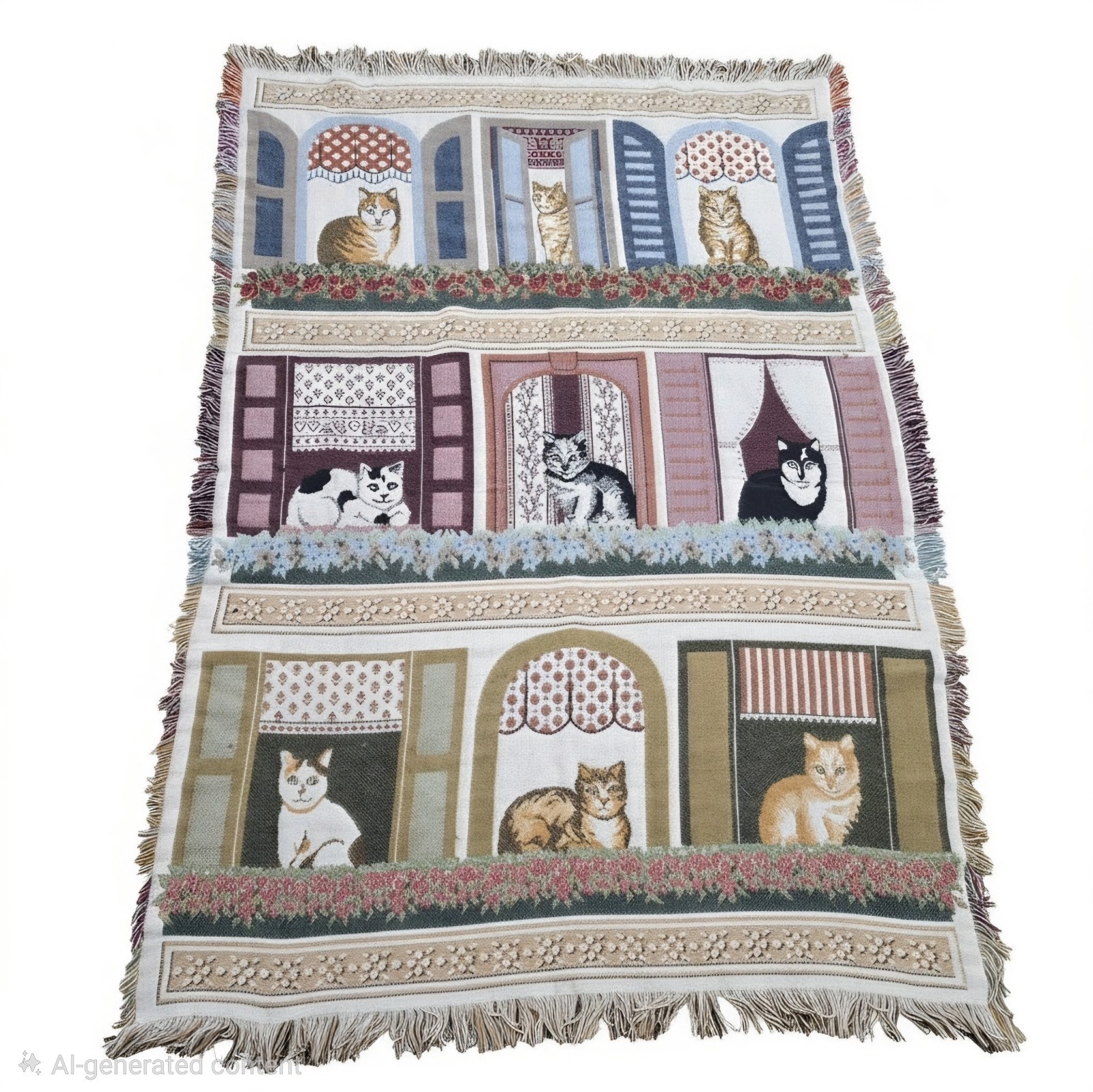 VTG Triple Woven Tapestry Throw Afghan Blanket Cat In The Window Cotton 46×67