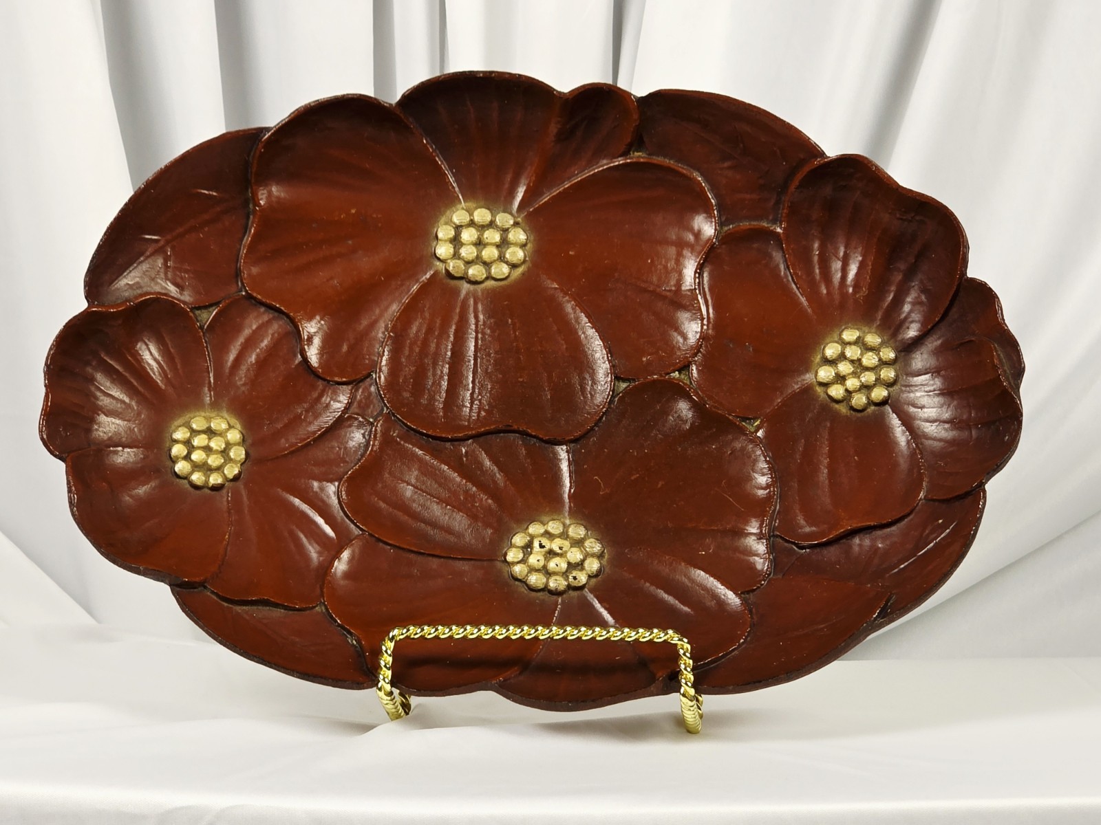 Vintage Burwood Floral Wall Plaque Dogwood Flowers Resin Wood Tone Retro 1960s