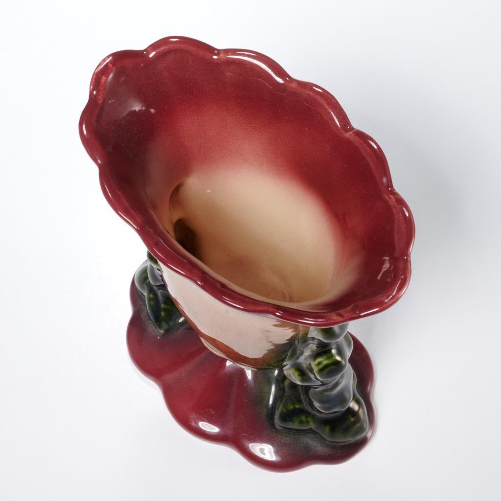 Hull Pottery Woodland Suspended Maroon Dark Green Trumpet Vase 108 7.75&Prime;h
