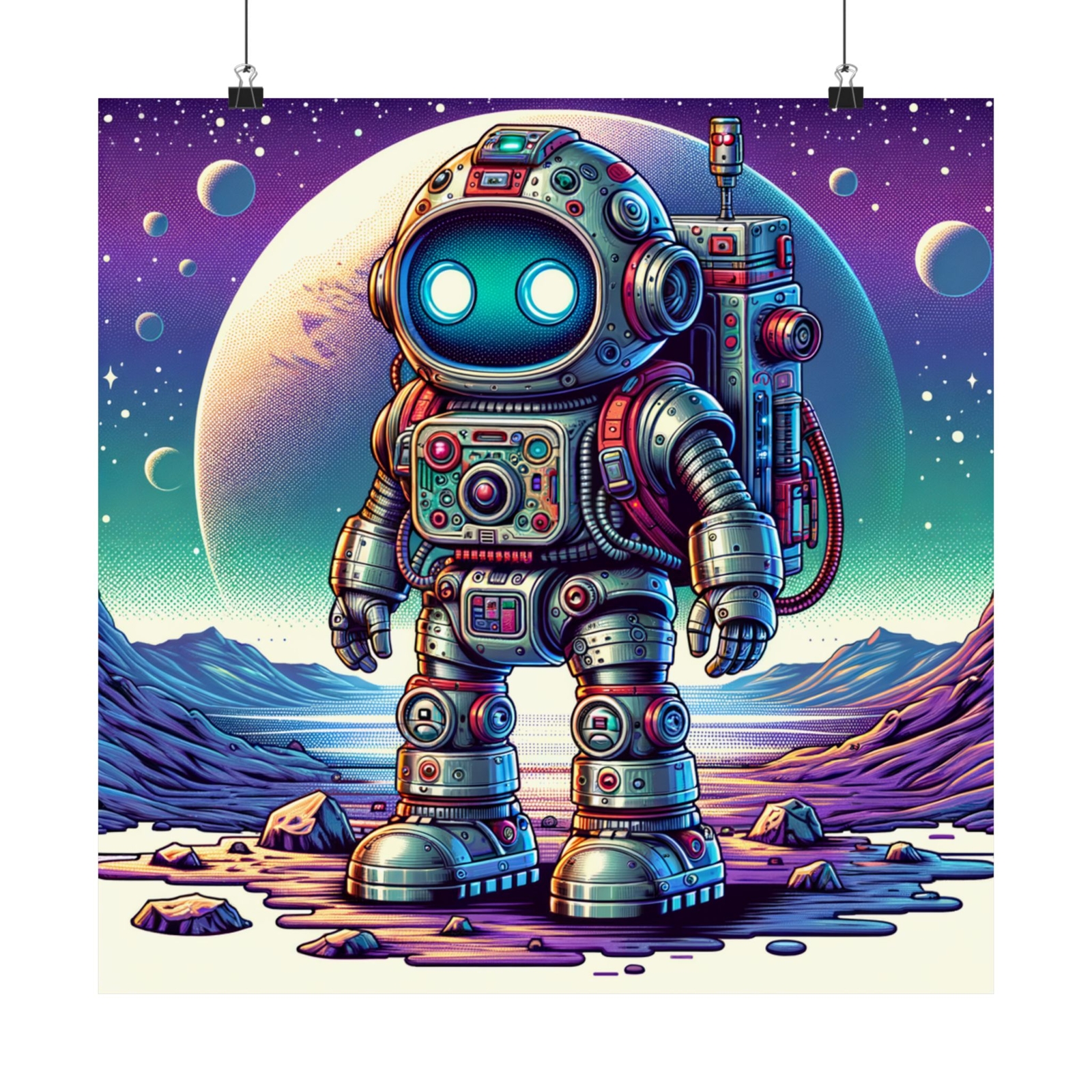 Matte Square Poster Wall Art Retro Sci Fi Vibes Adventurous Robot Character Gift