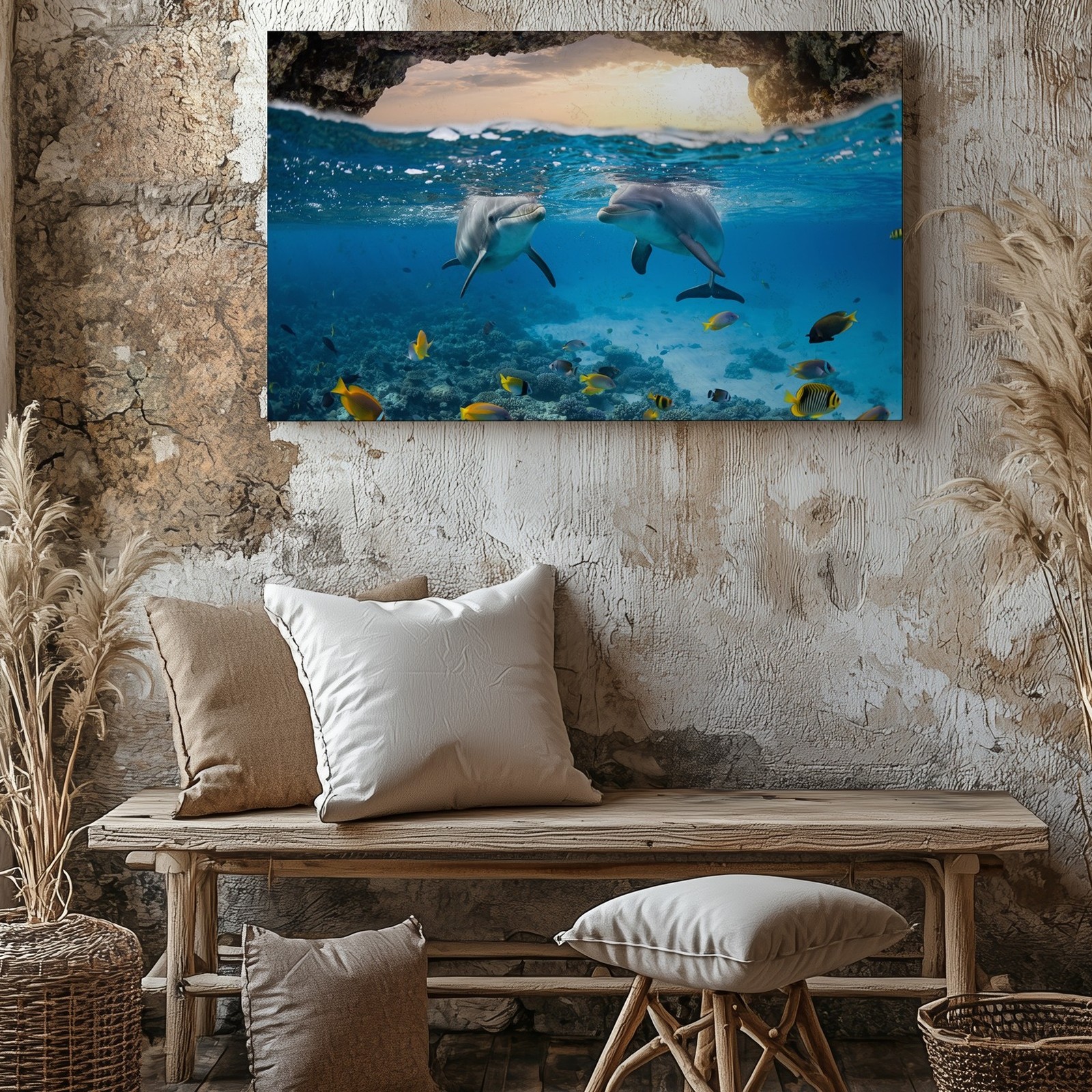 Vibrant Underwater Scene Featuring Two Playful Dolphins Wall Art Canvas Print