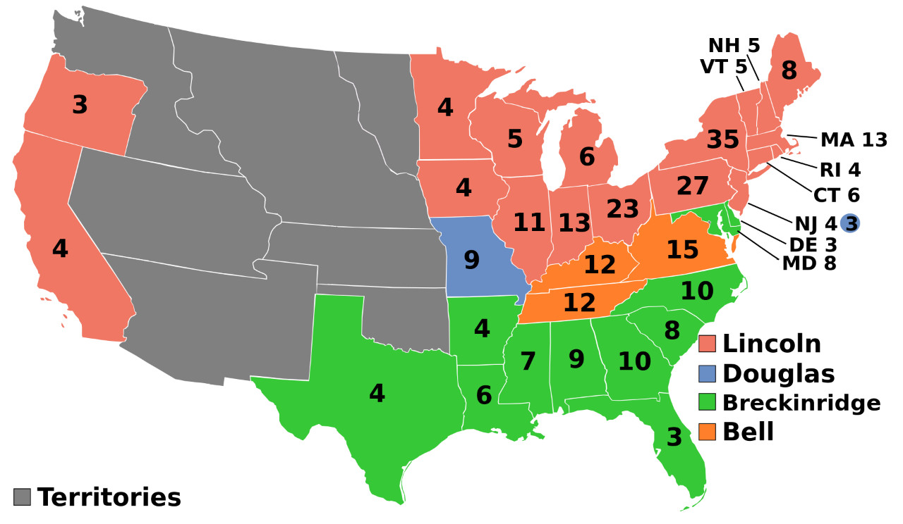 1860 US PRESIDENT ELECTION ELECTORAL COLLEGE MAP POSTER PICTURE PHOTO PRINT 6438