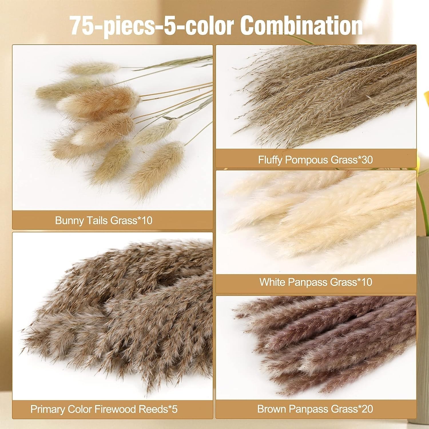 75pc Dried Pampas Grass Decor White Brown Fluffy Bouquet Boho Wedding Table Vase