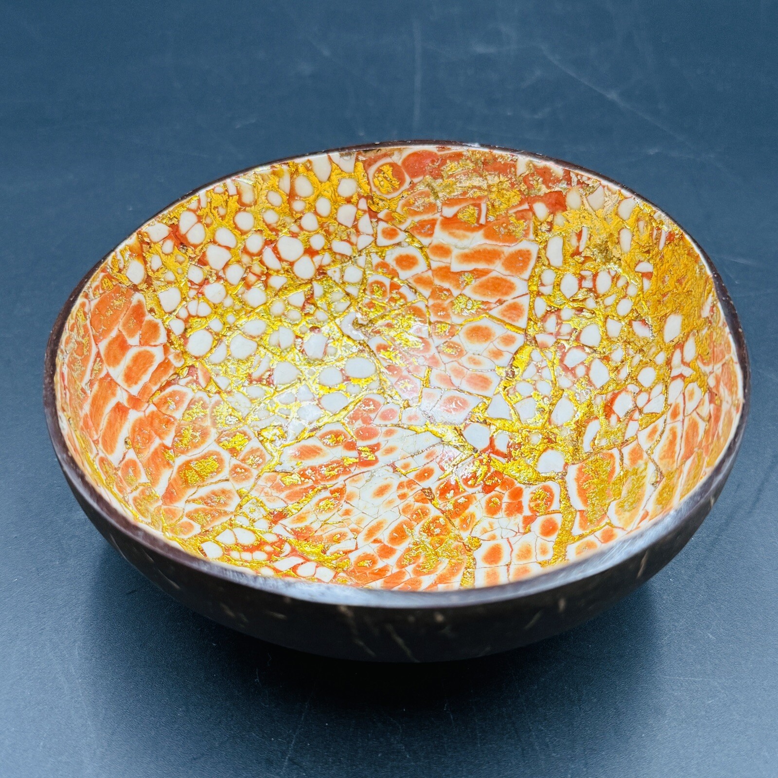 Lacquered Coconut Shell Bowl 5&Prime; Abalone Shell Inlay Tiki Bar Hawaiian Decor Boho