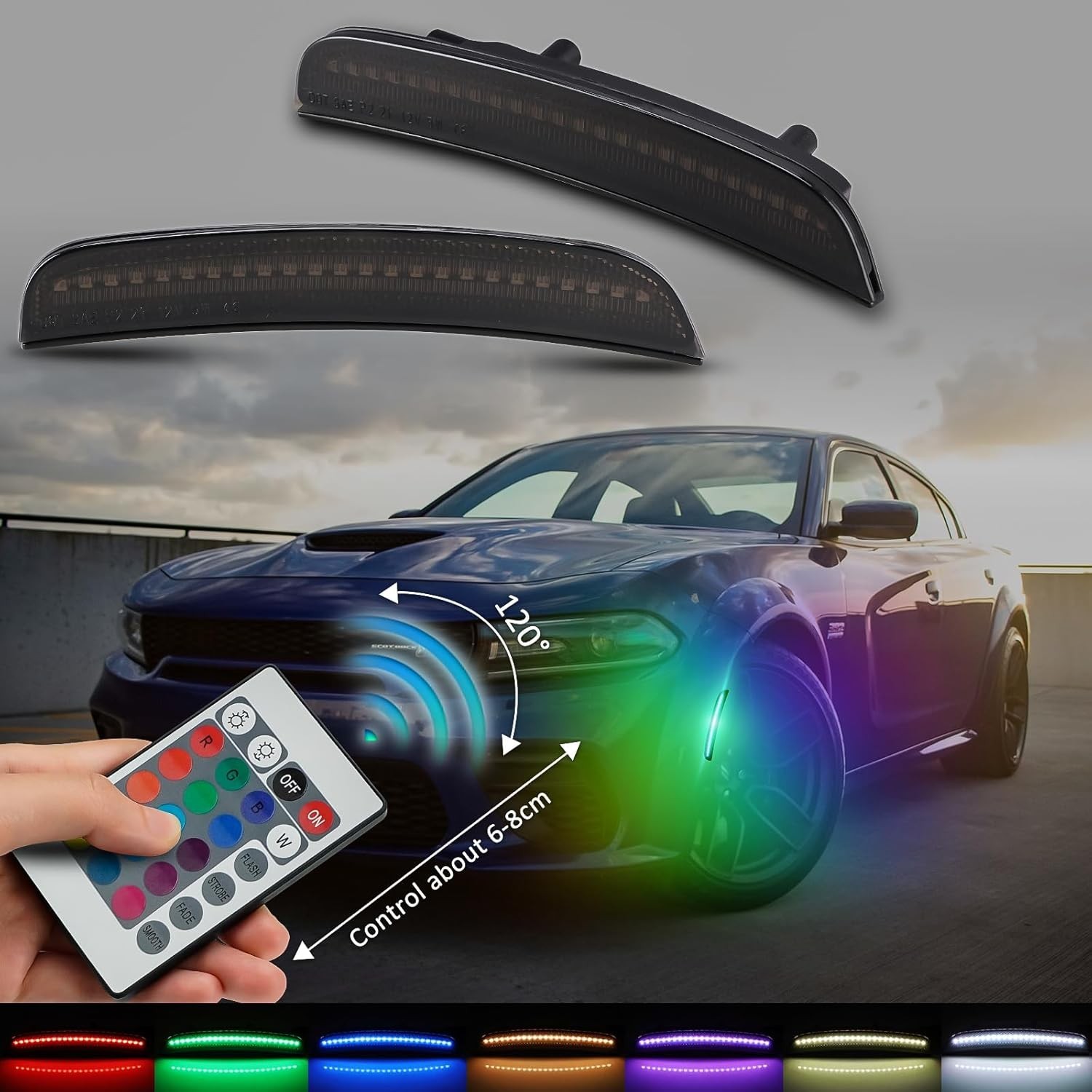 RGB LED Side Marker Lights for Dodge Charger 2015-2023, Front Fender Bumper side