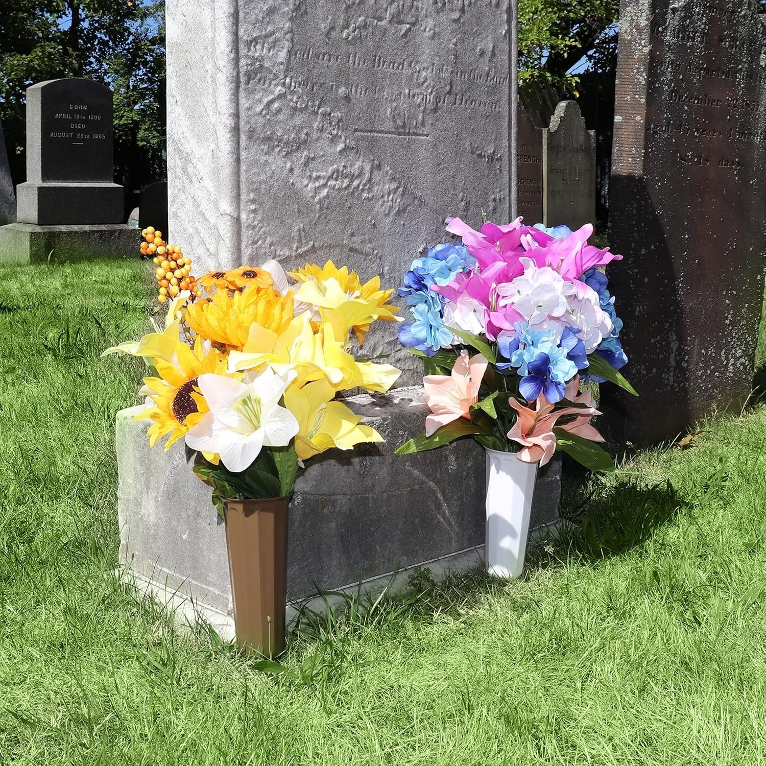 Durable White Flower Vases with Ground Stakes – Perfect for Memorials, 2 Pack