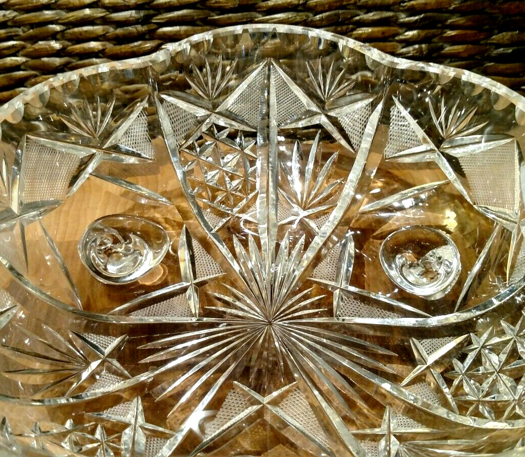 Czech Bohemian Glass Footed Bowl, Cut Lead Crystal Decorative, EUC