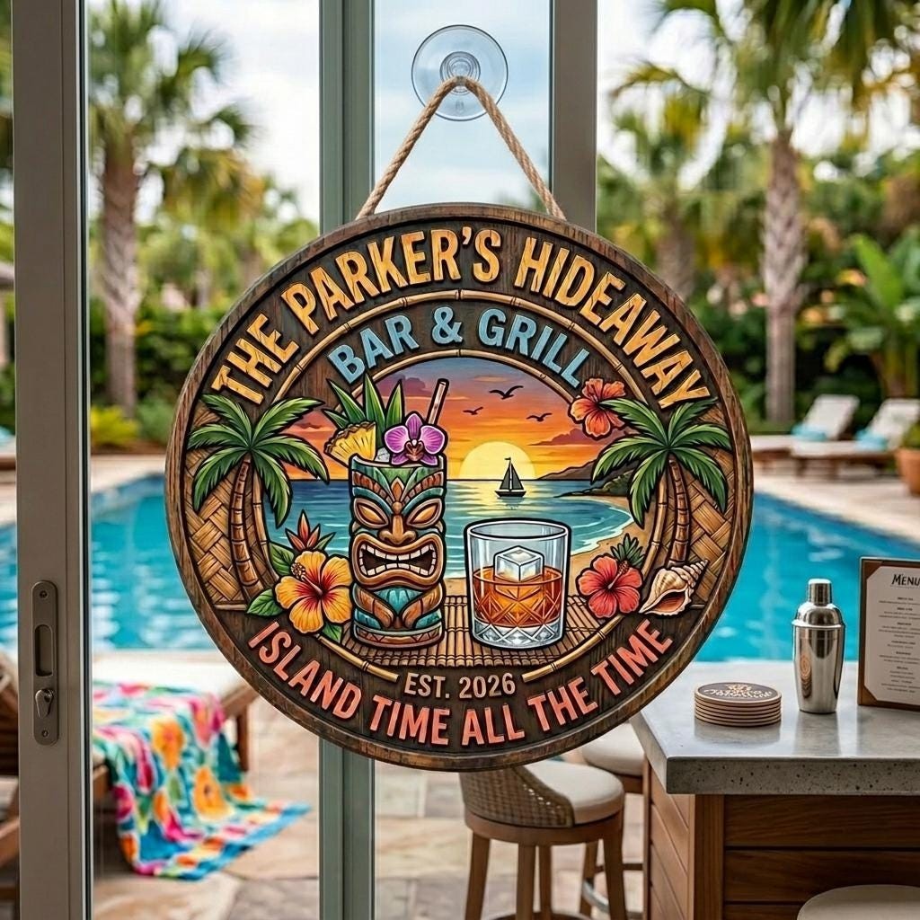 Personalized Tiki Bar Wooden Sign Custom Family Name Pool Patio Wall Decor