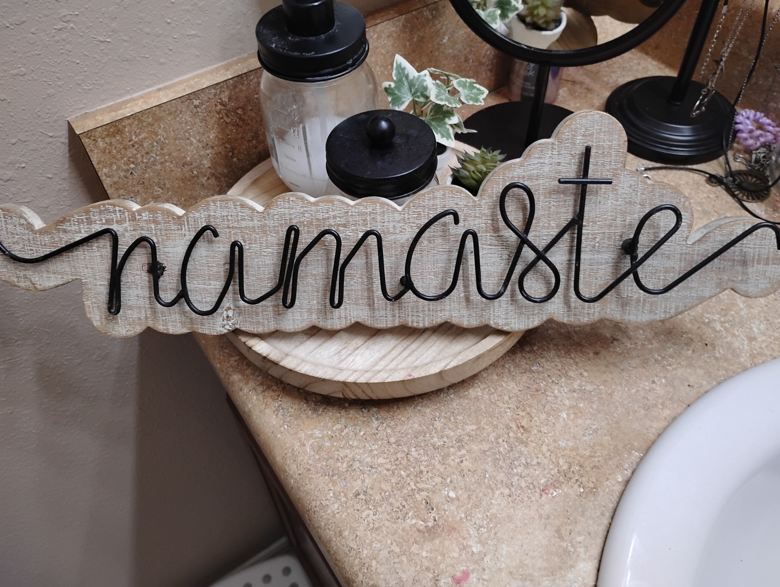White Washed Rustic Wood & Metal Letters Decor Sign Namaste Wall Art Hanging