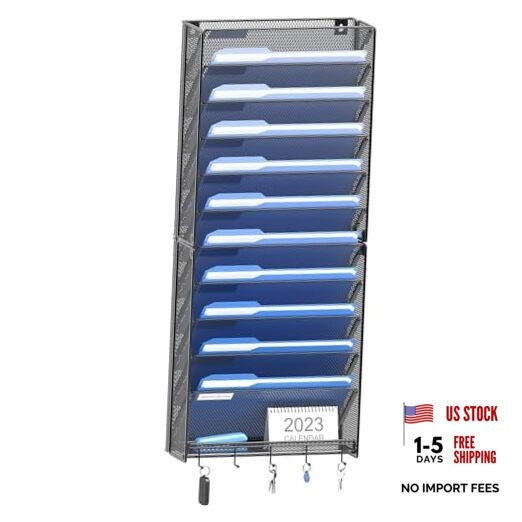 Hanging Wall File Organizer with Hooks, 12 Tier Vertical Wall Mount 12 Pocket