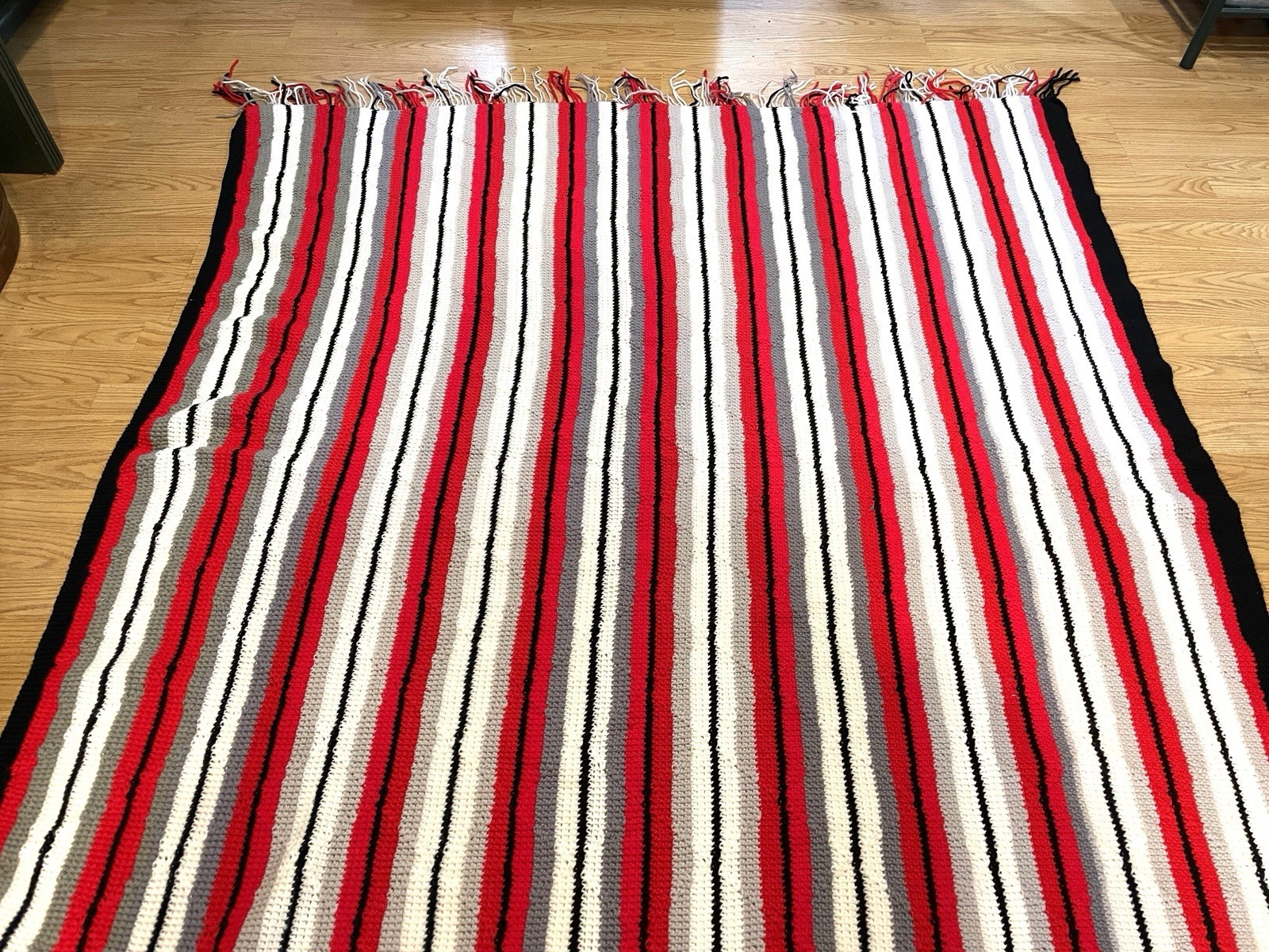 Handmade Crocheted Afghan Throw Blanket 57×74” Red White Black Gray – Perfect!